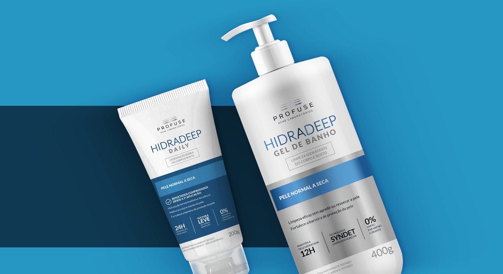 Imagem mostra os produtos Hidradeep Daily e Hidradeep Gel de Banho em um fundo azul