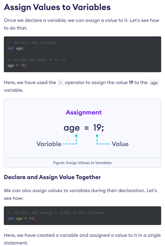 Lesson about assigning values to variables in Learn Java Basics course