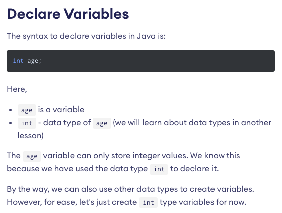 Declare Variables lesson in Learn Java Basics course