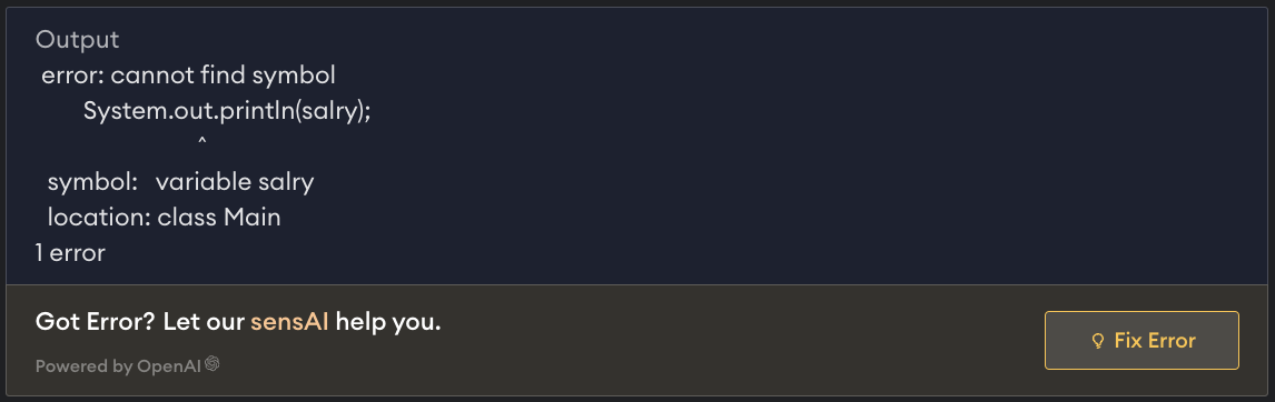 sensAI help option for a Java error in Learn Java Basics course