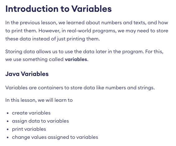 Introduction to Variables lesson in Learn Java Basics course