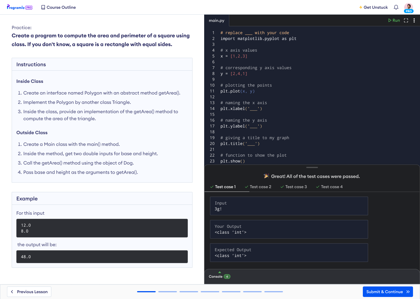 A snippet of an interactive Python lesson in Programiz PRO