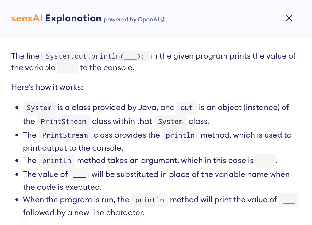 sensAI explaining the workings of a Java code