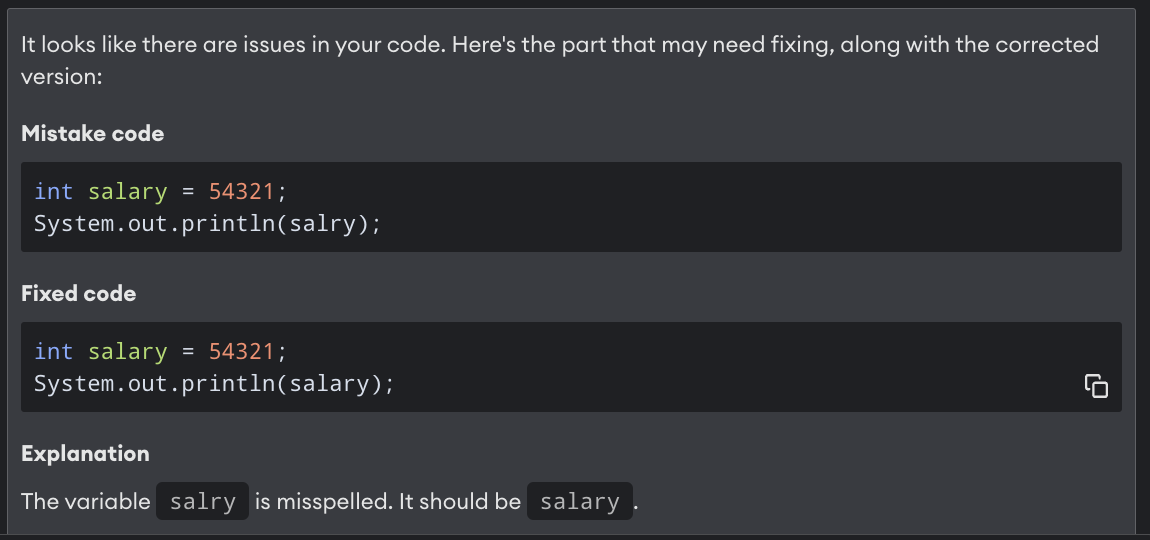 sensAI explaining what's wrong with a Java code