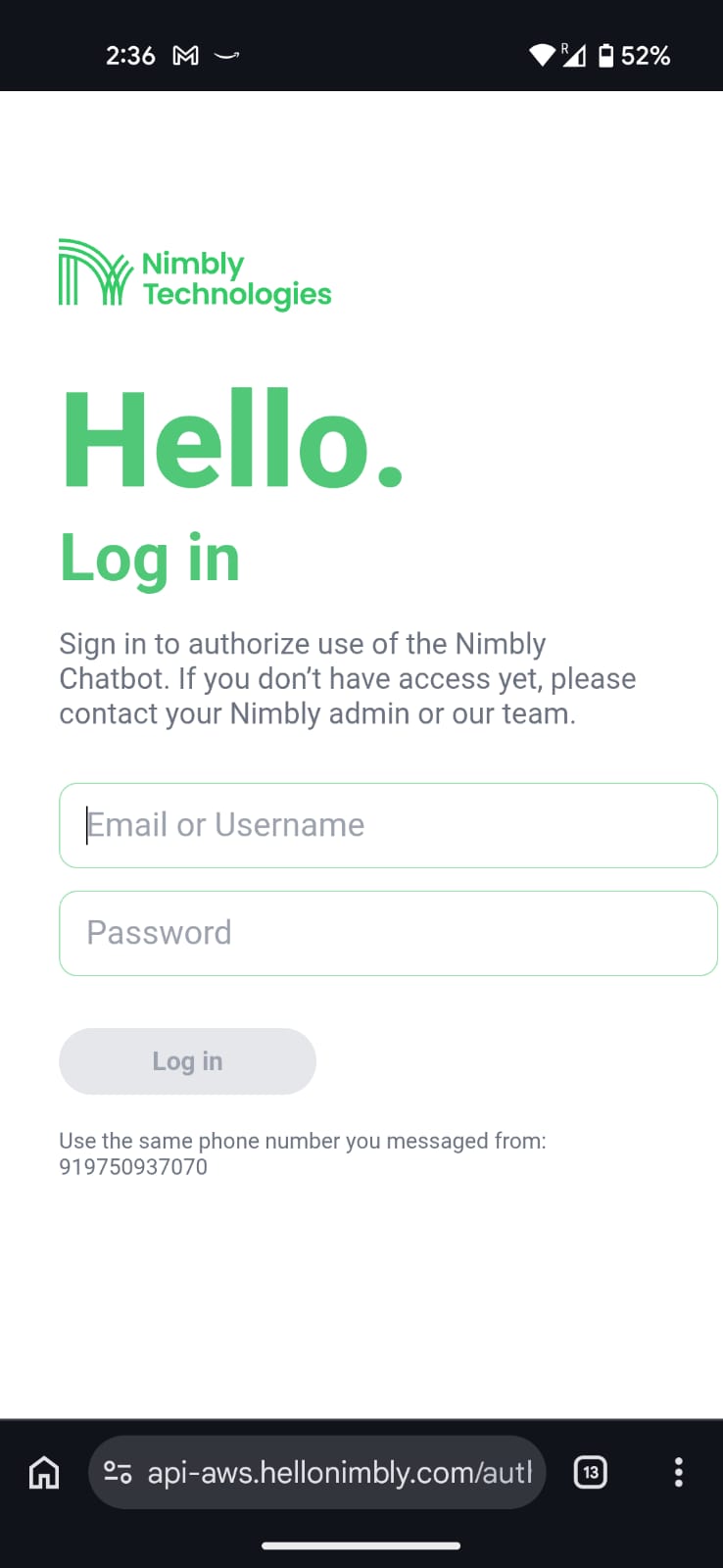 Nimbly Login Page