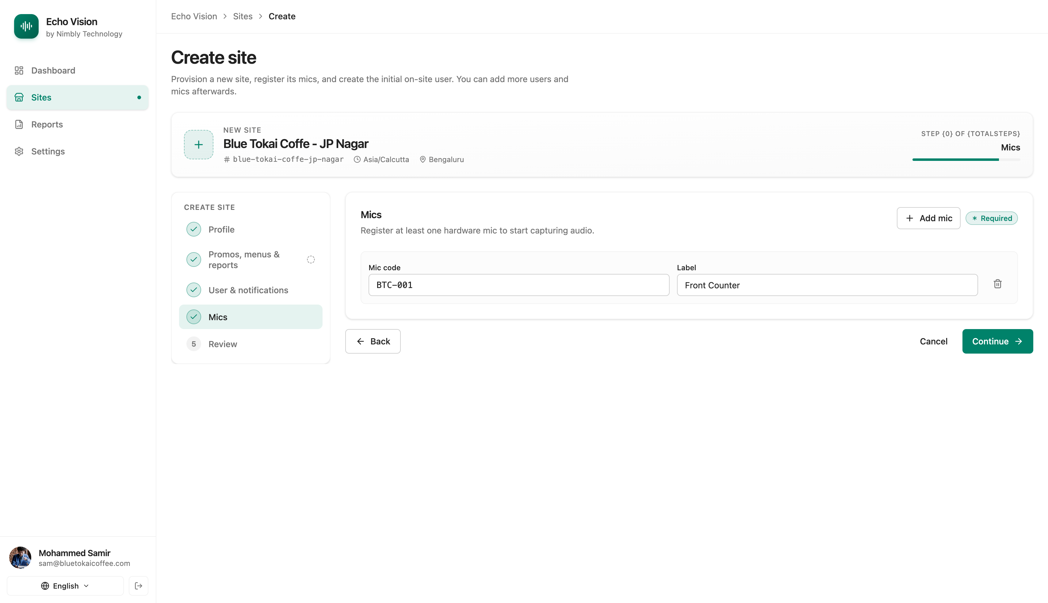 Site form — mic setup tab