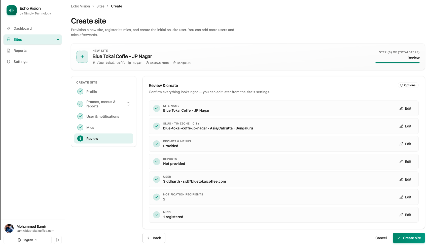Site form — preview tab