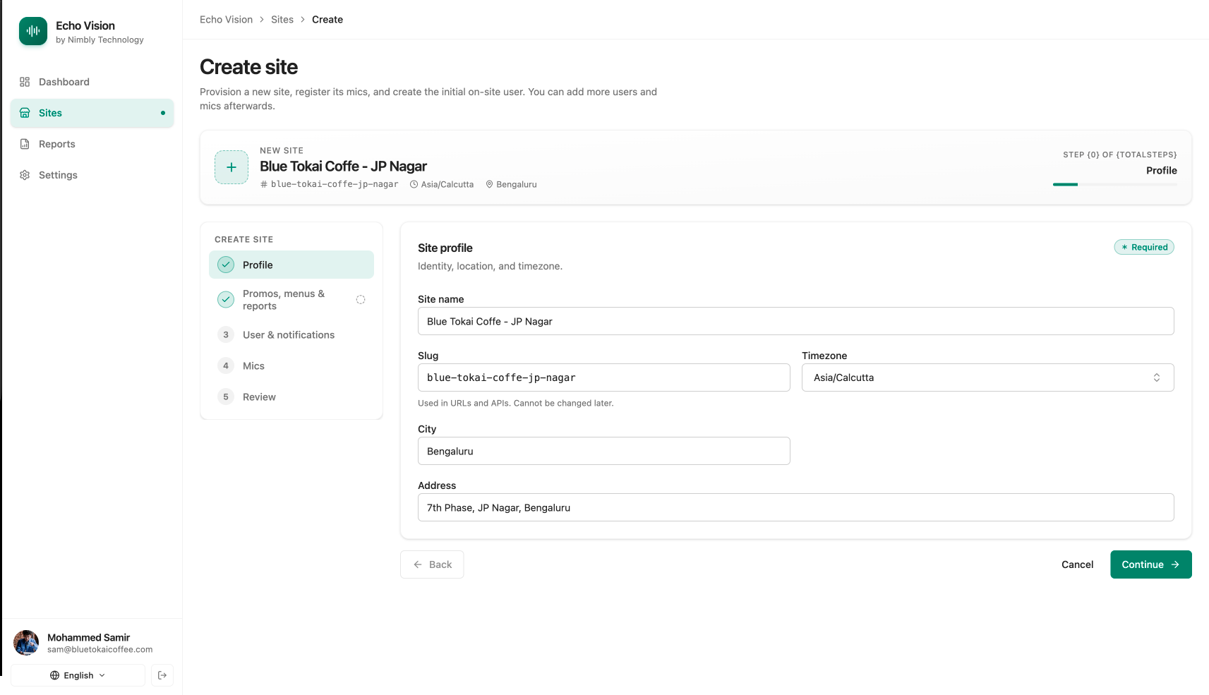 Site form — profile tab