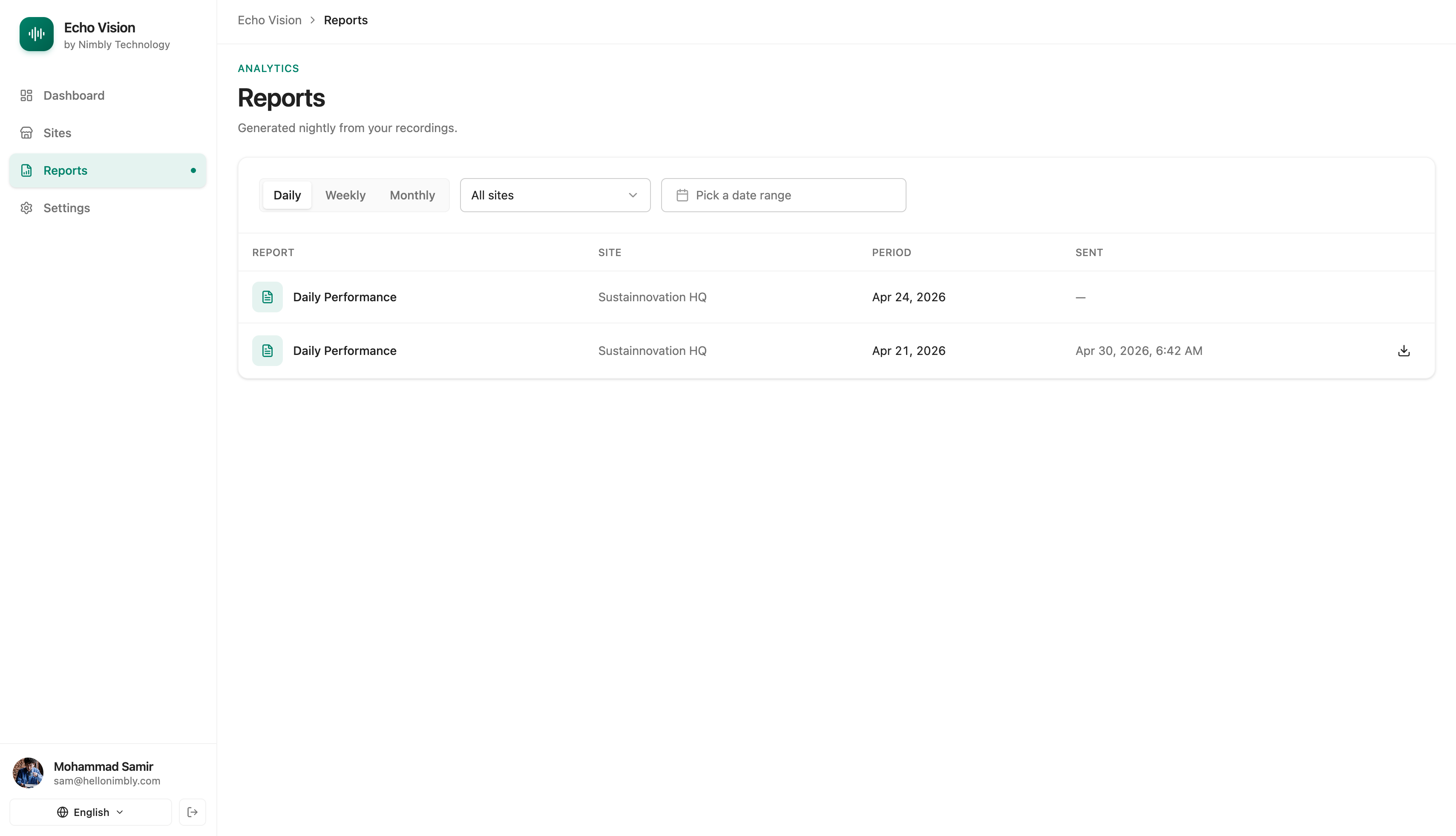Admin reports page