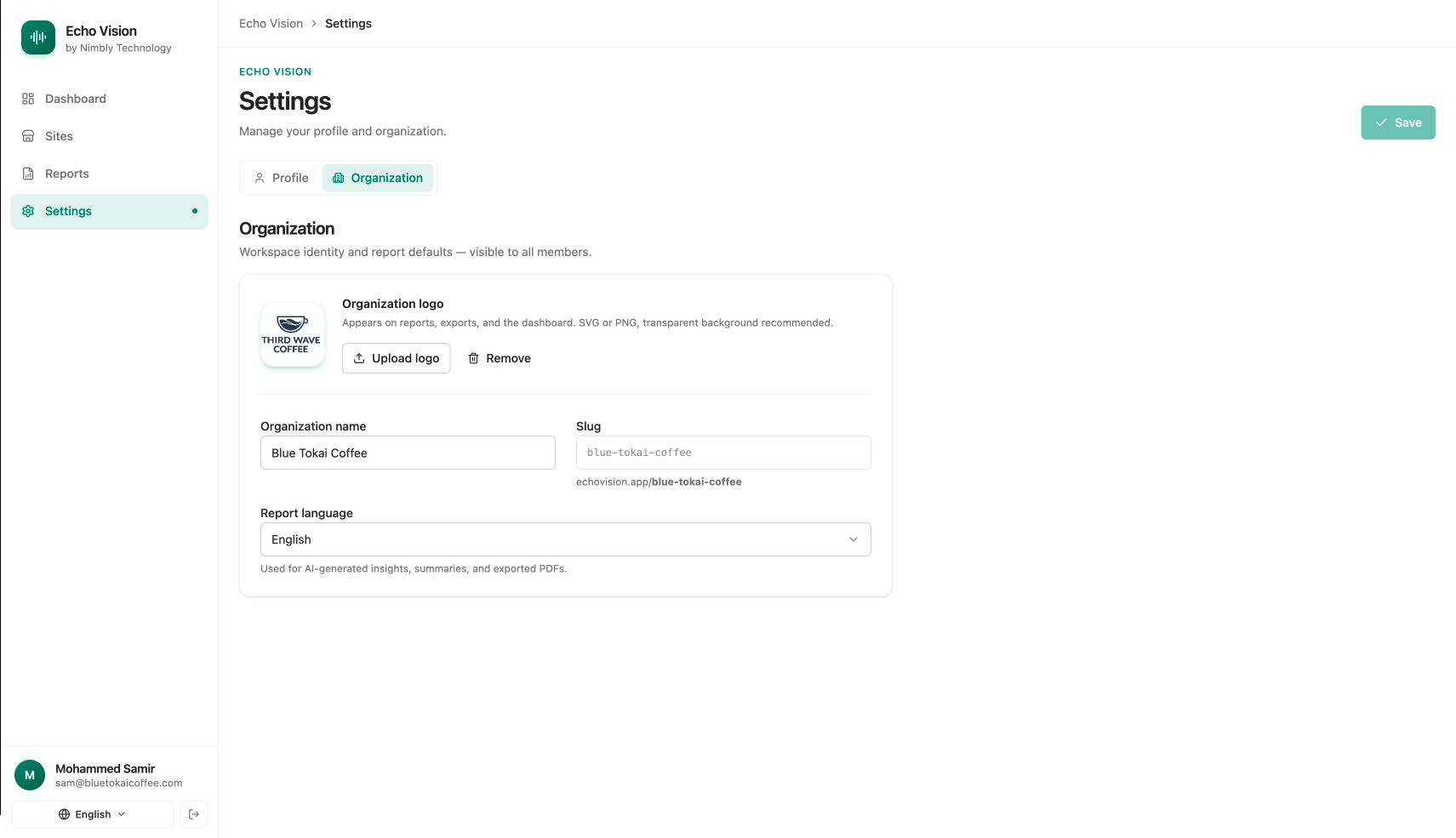 Settings — organization tab