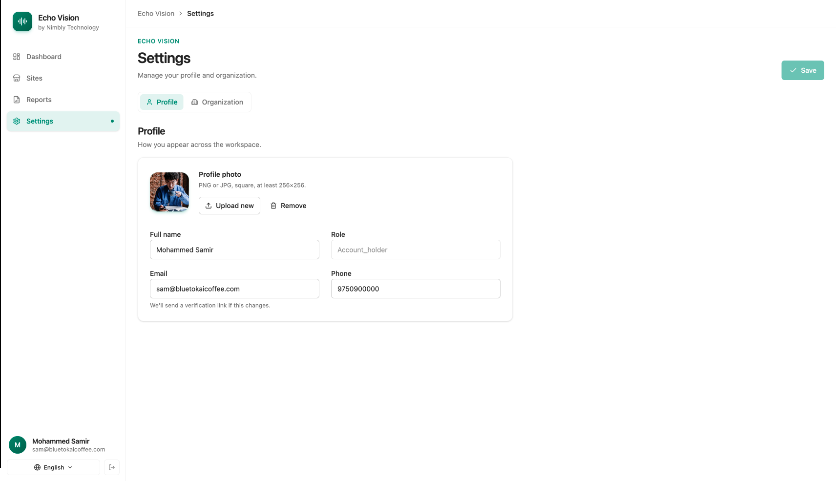Settings — profile tab