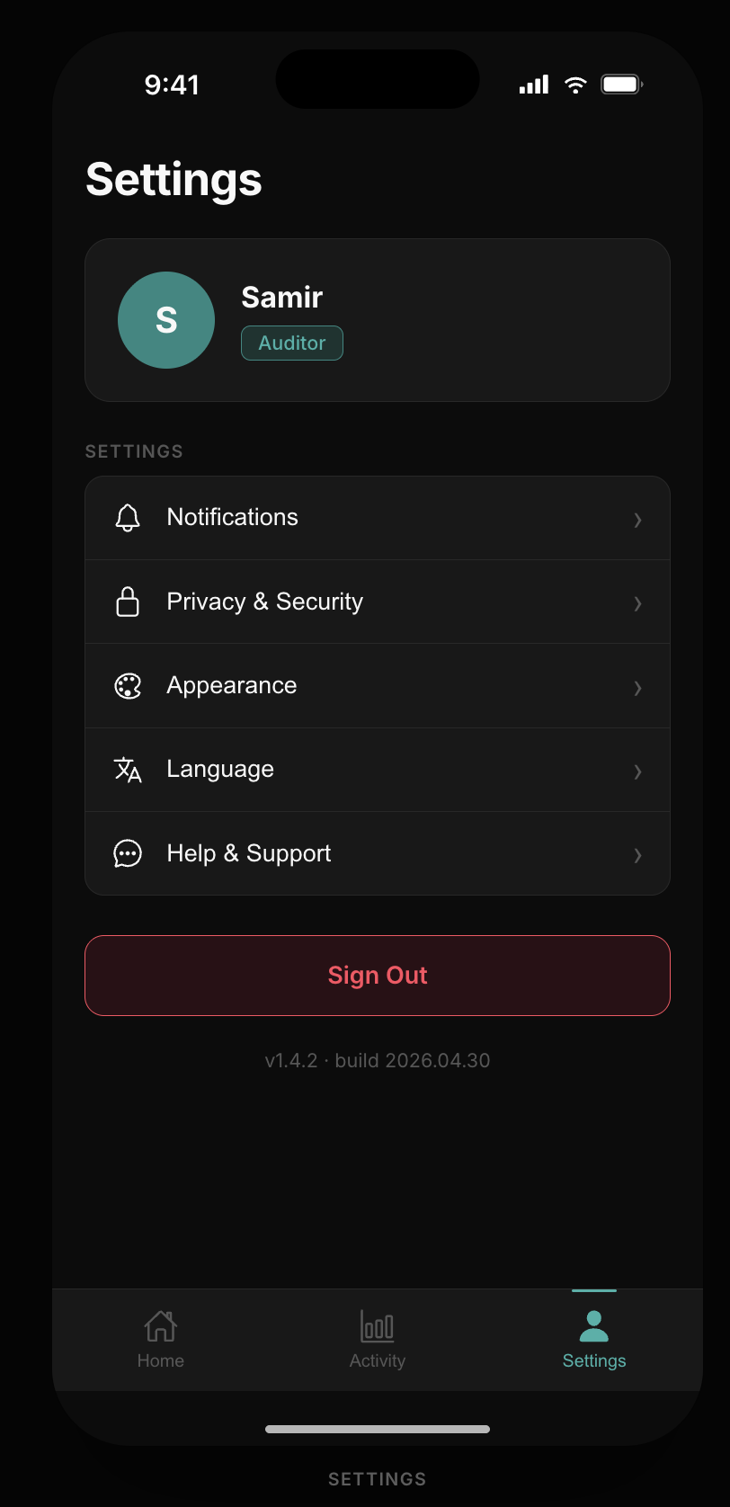 Settings page