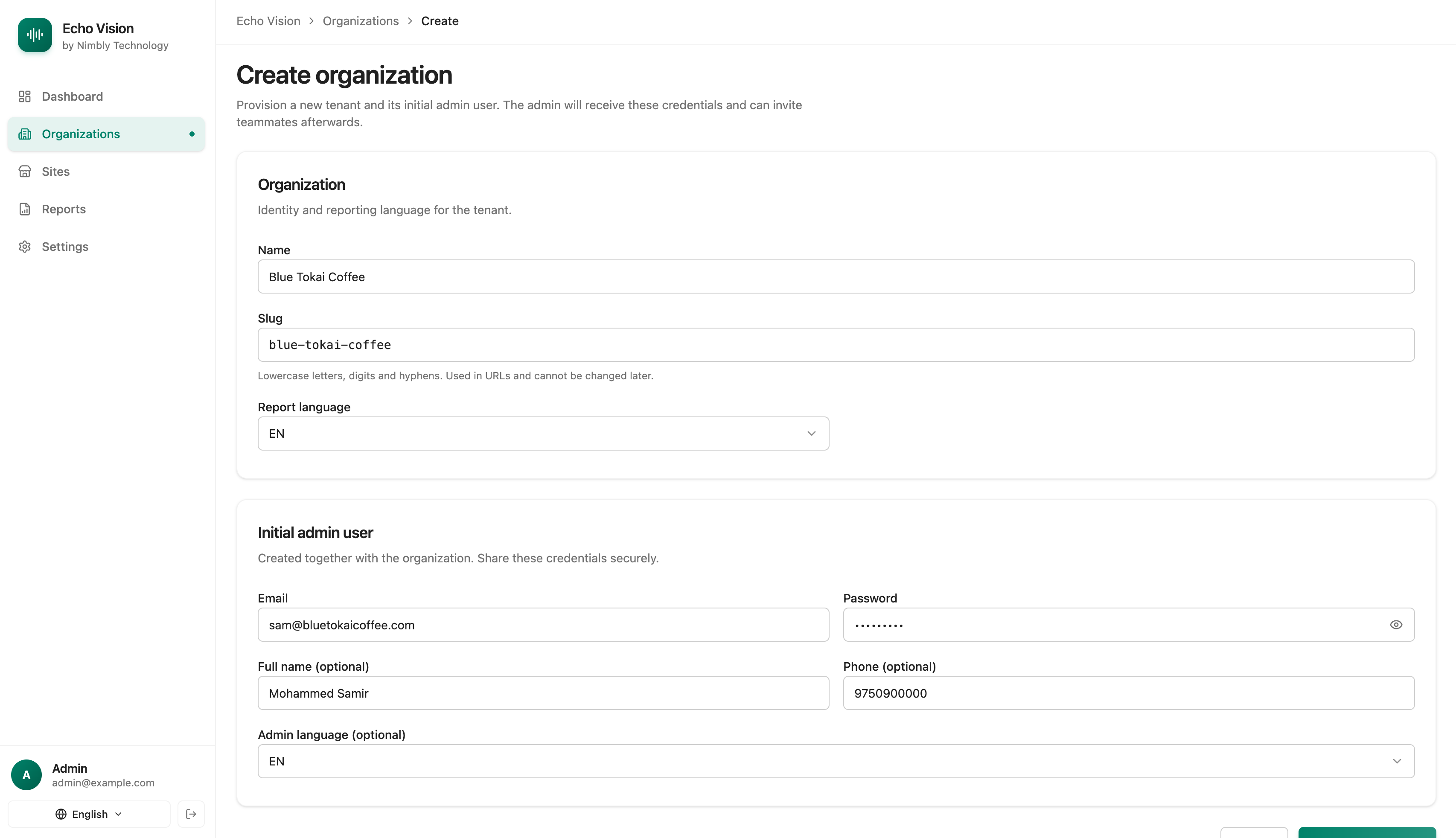 Super admin create org form