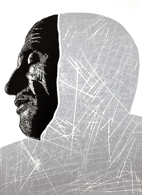 Stefan – graphic artwork by Jolanta Johnsson depicting a man’s profile, linocut and artist’s own technique