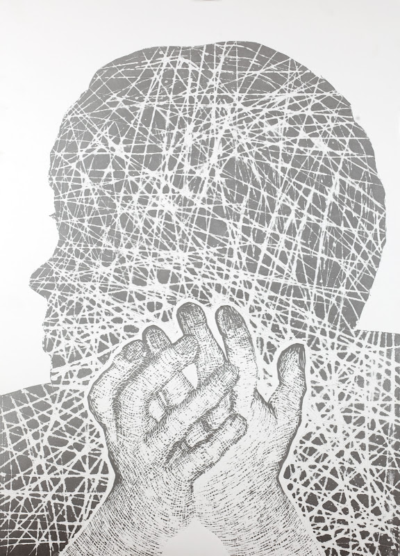 Nika – figure with prominently depicted hands against a network of intersecting lines, graphic artwork by Jolanta Johnsson from the Heads series