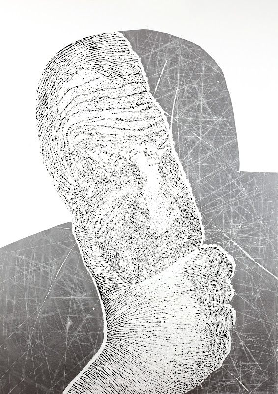 Stanisław – portrait of a man with his hand near his face, graphic artwork by Jolanta Johnsson from the Heads series