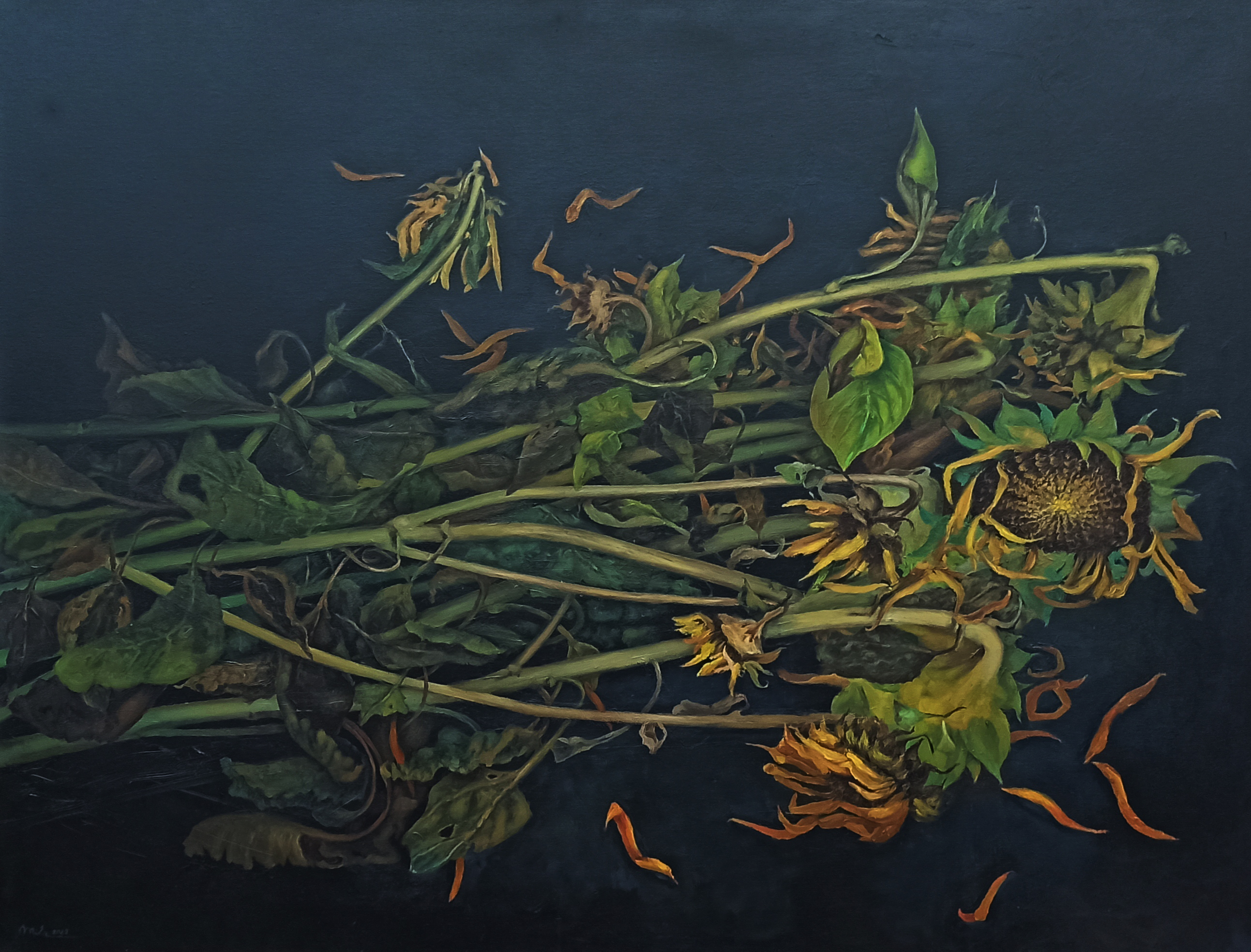 Oil painting on canvas depicting sunflowers by Mila Chyżawska