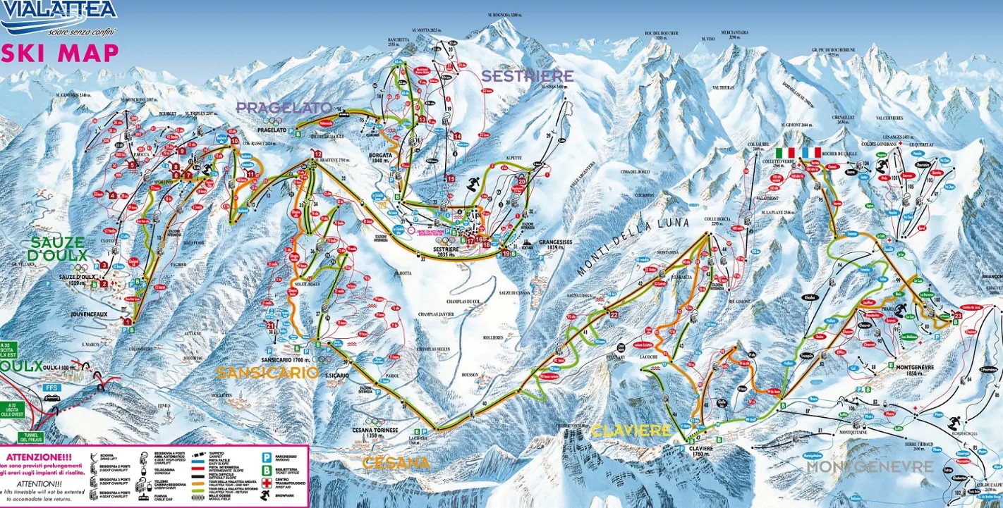 Trail Map of Vialattea Ski Resort in Turin, Italy