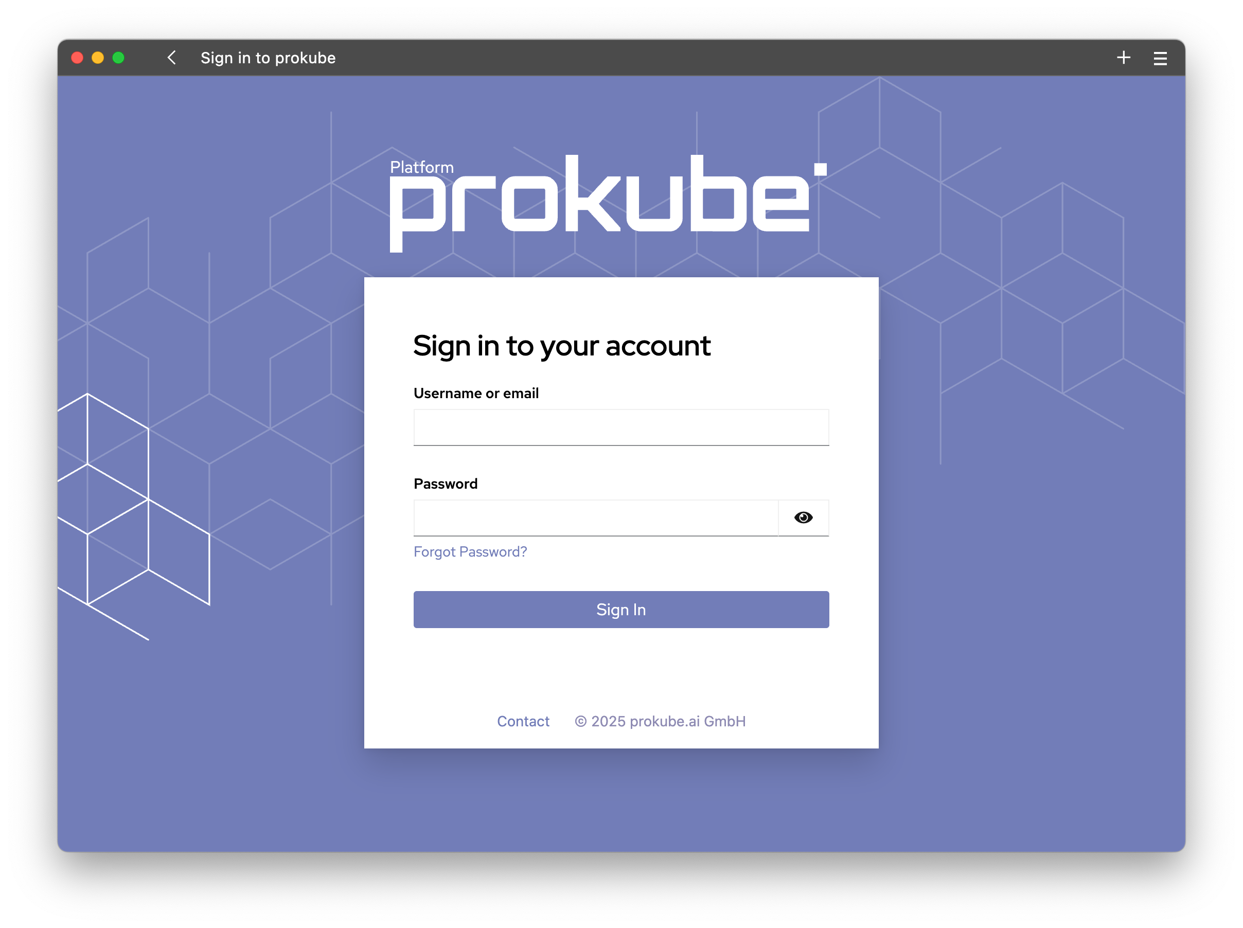 The prokube login page