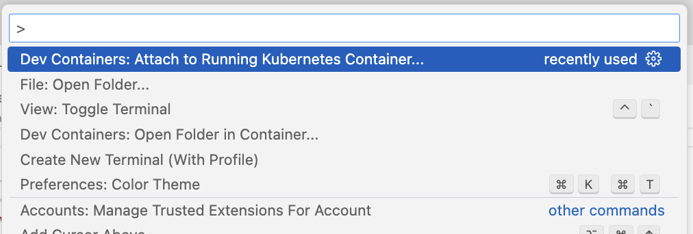 VS Code Command Palette Attach