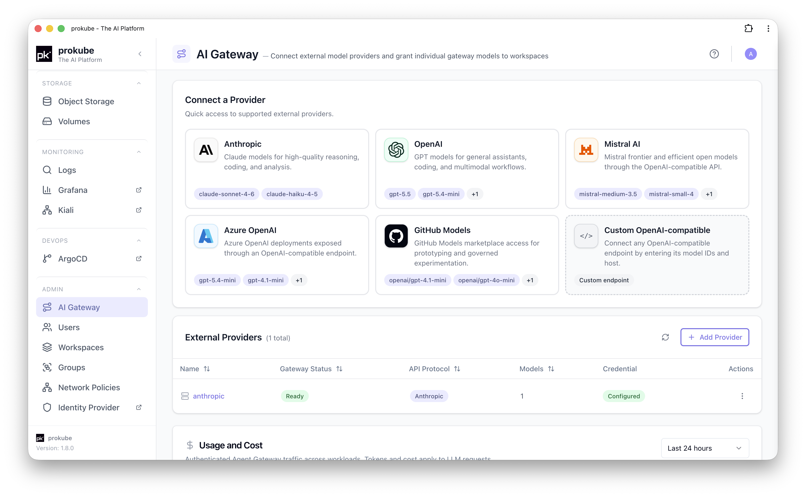 AI Gateway page with provider catalog and platform-wide usage summary