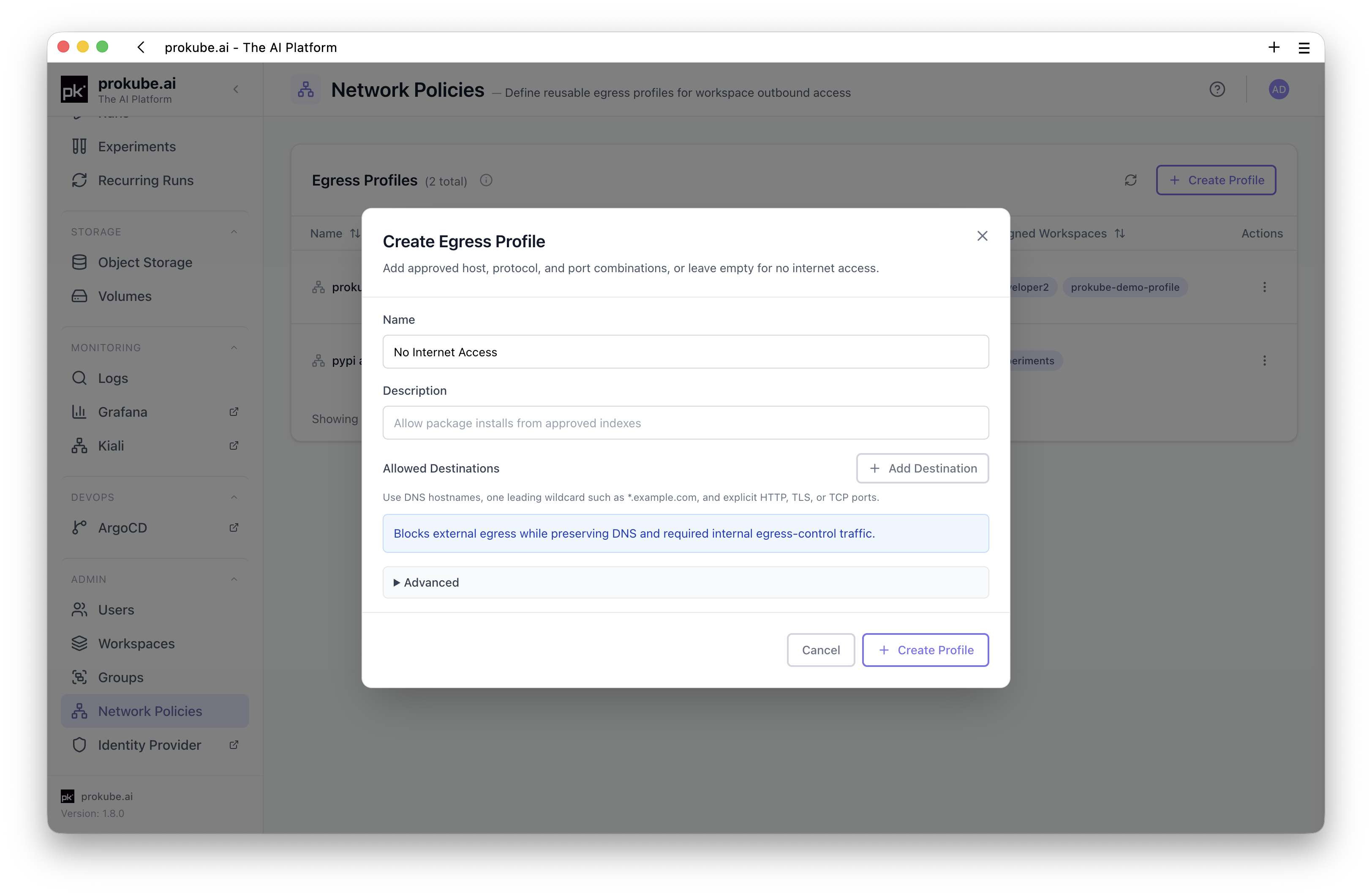 Create Egress Profile dialog