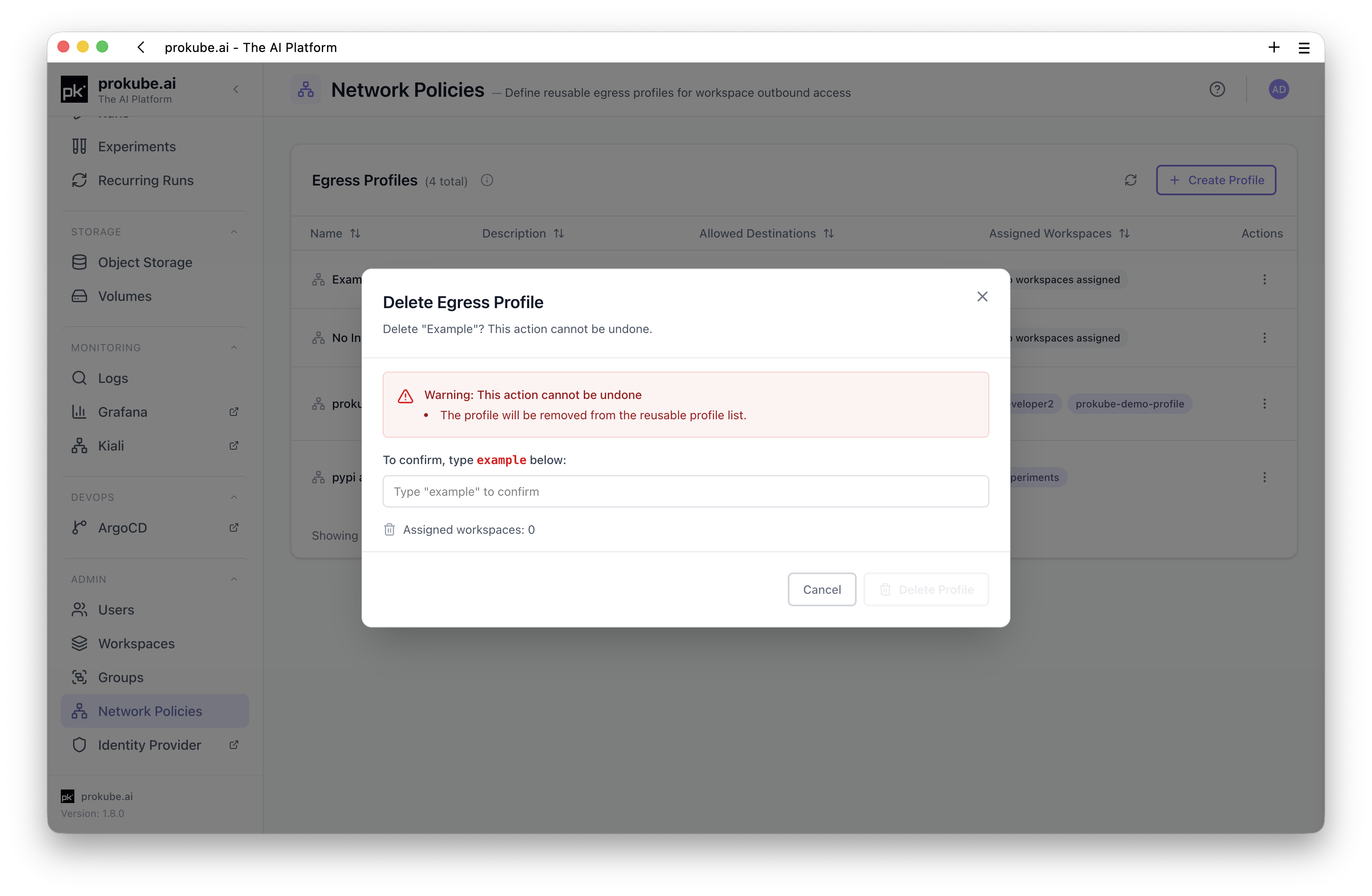 Delete Egress Profile dialog
