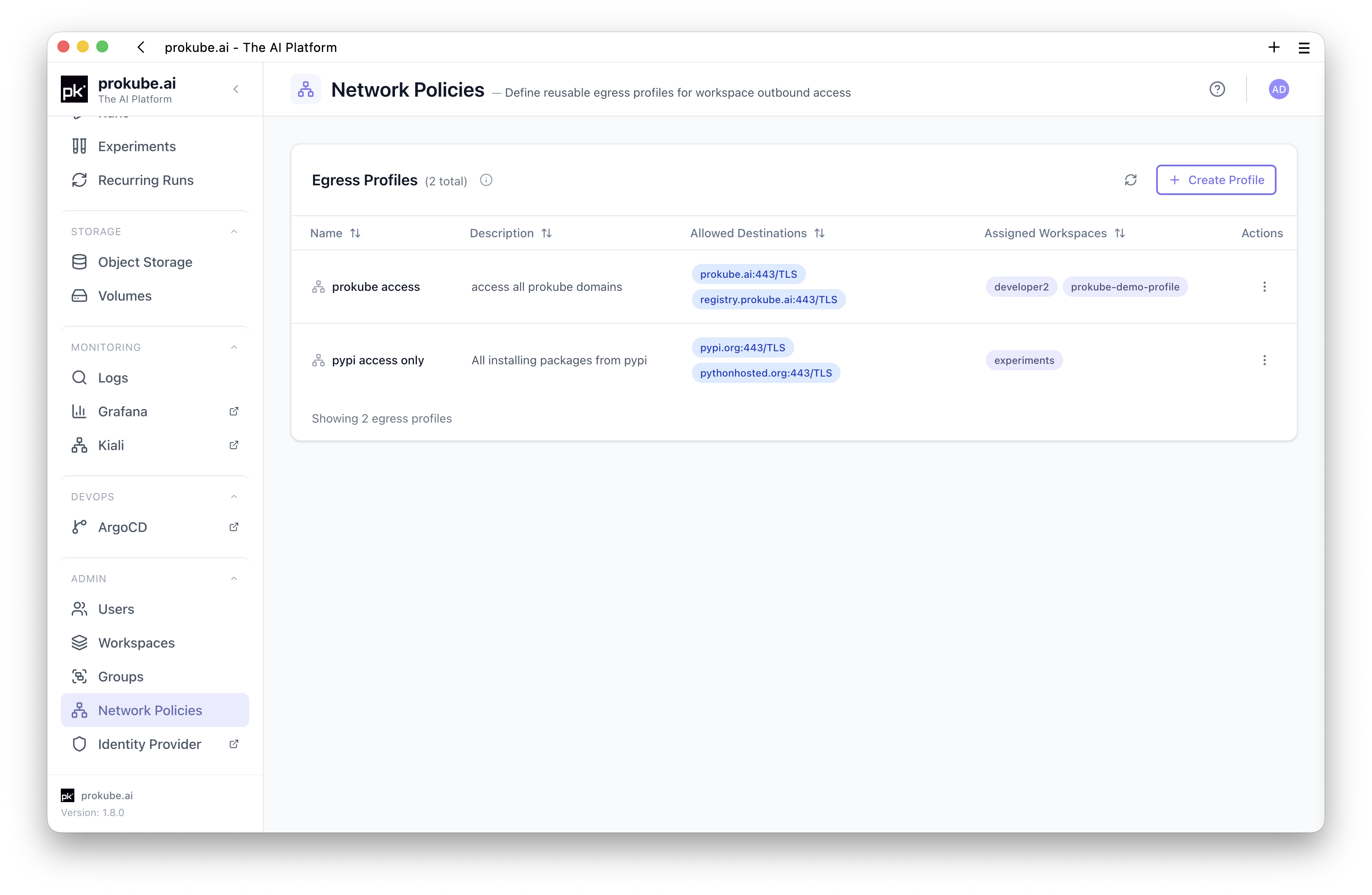Network Policies page