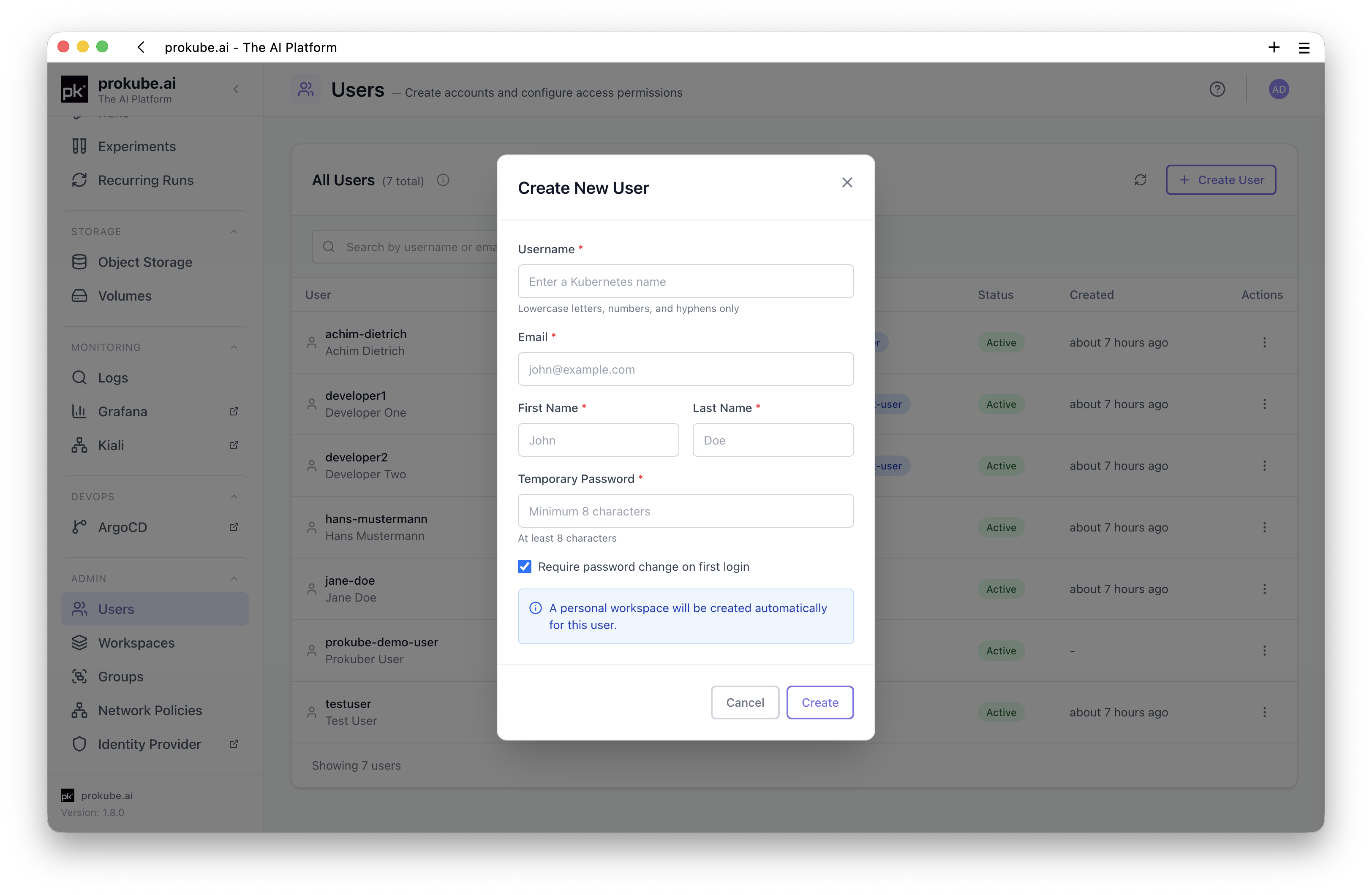 Create User dialog