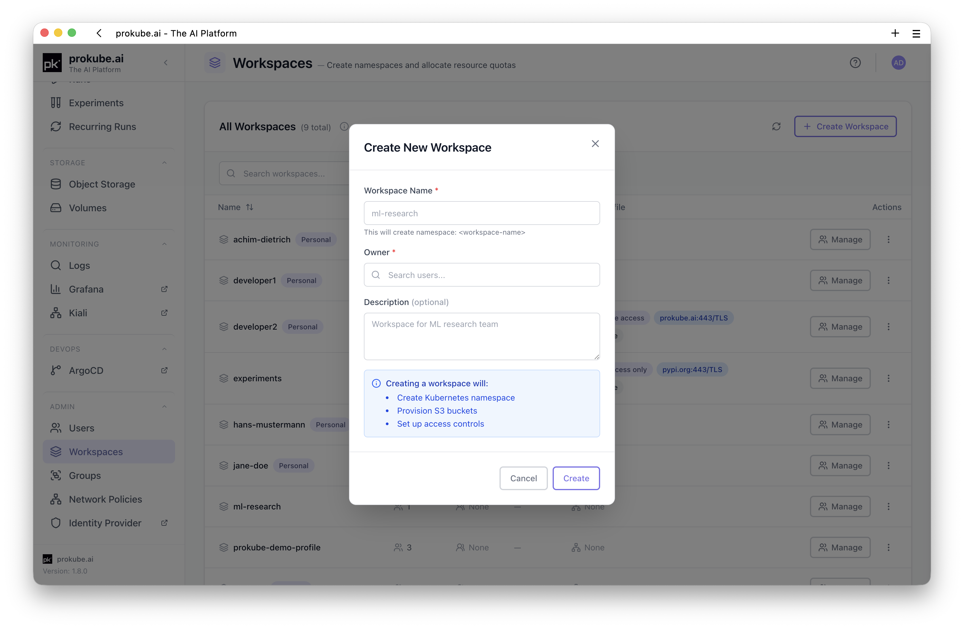 Create Workspace dialog