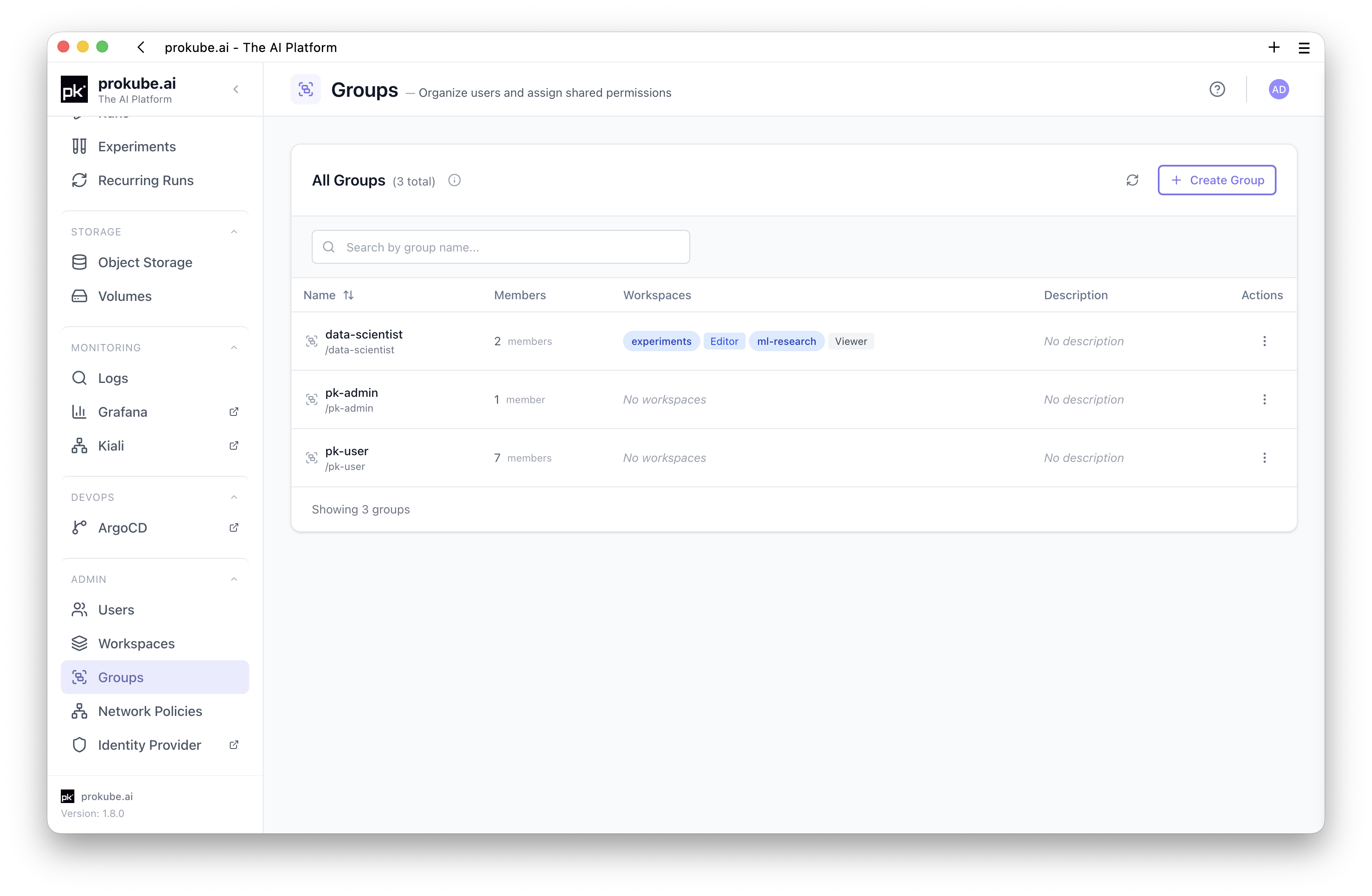 Groups page