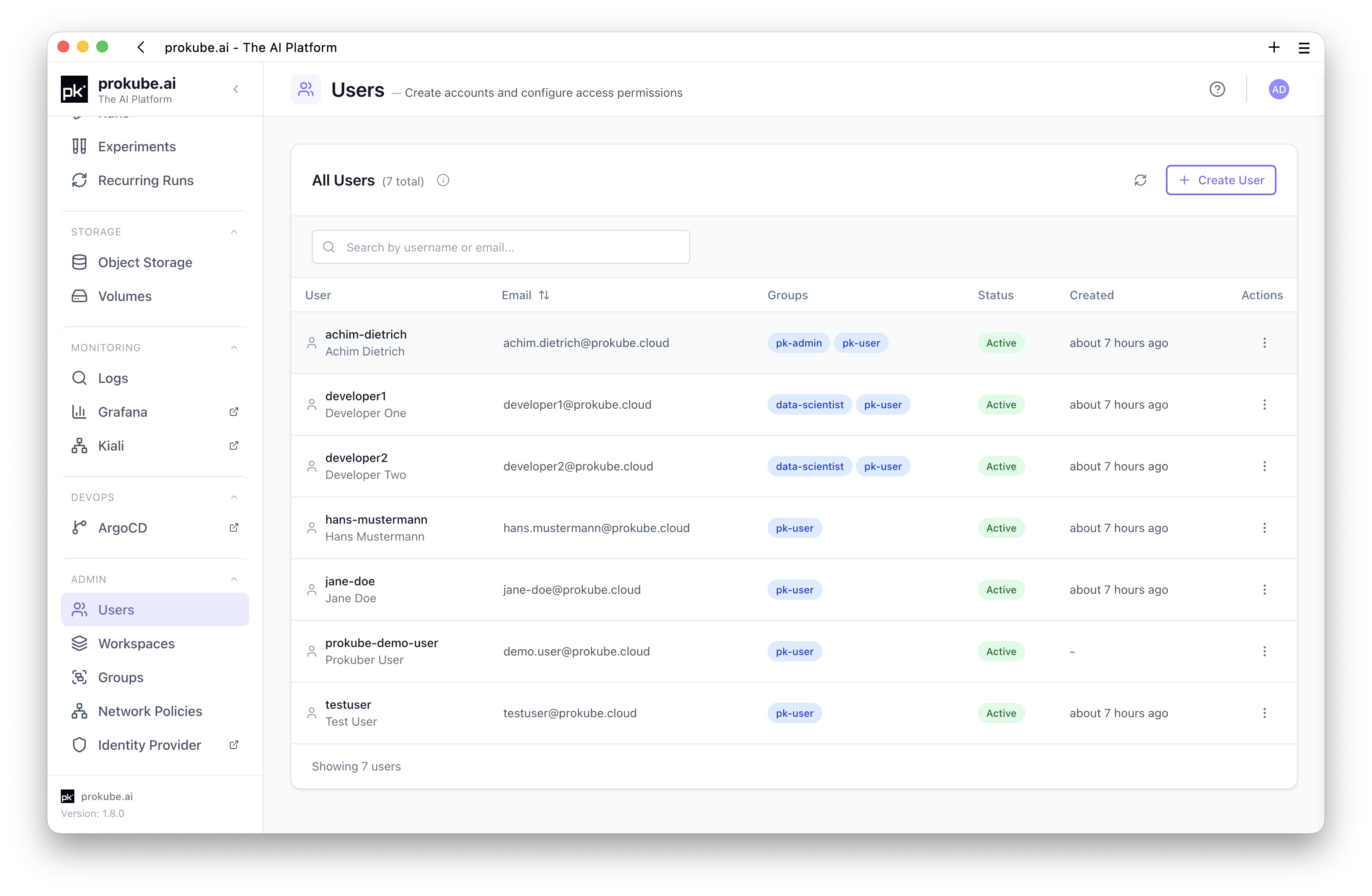 Users page