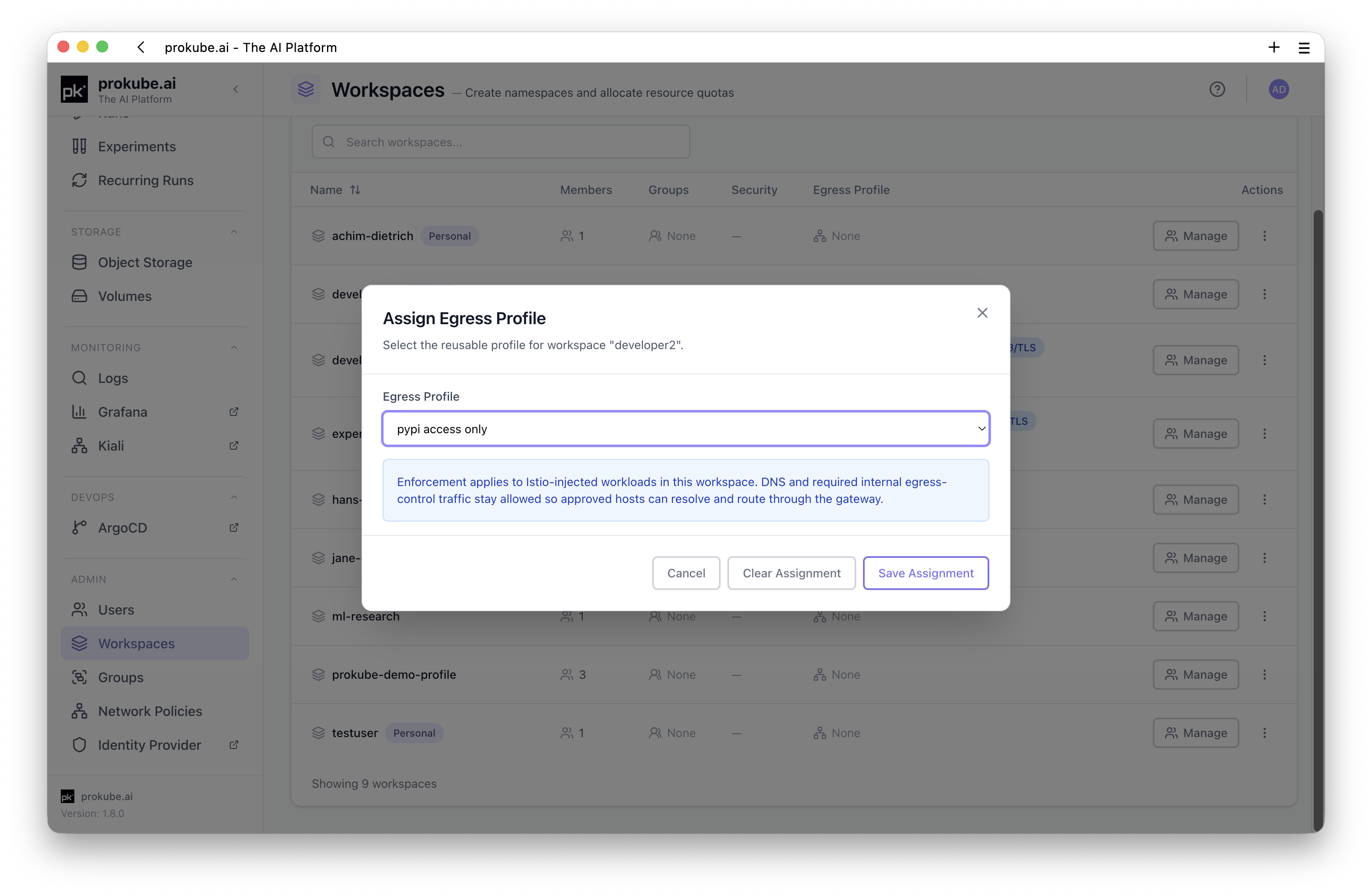 Workspace egress profile dialog
