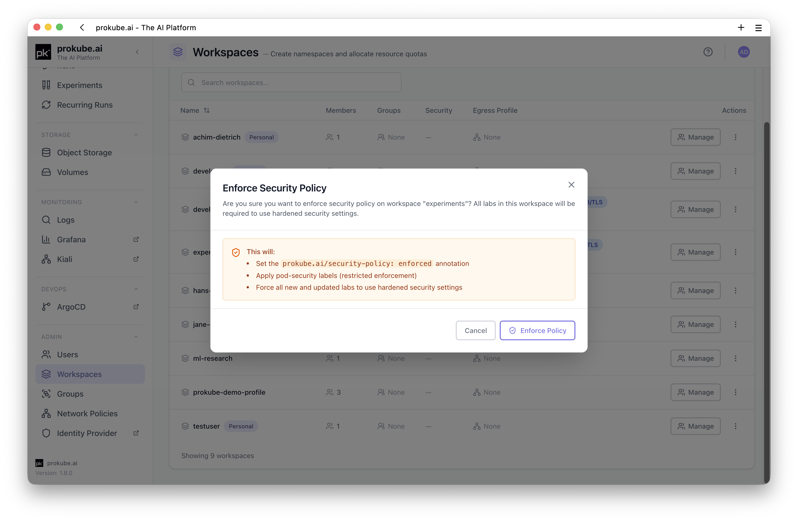 Workspace security policy dialog