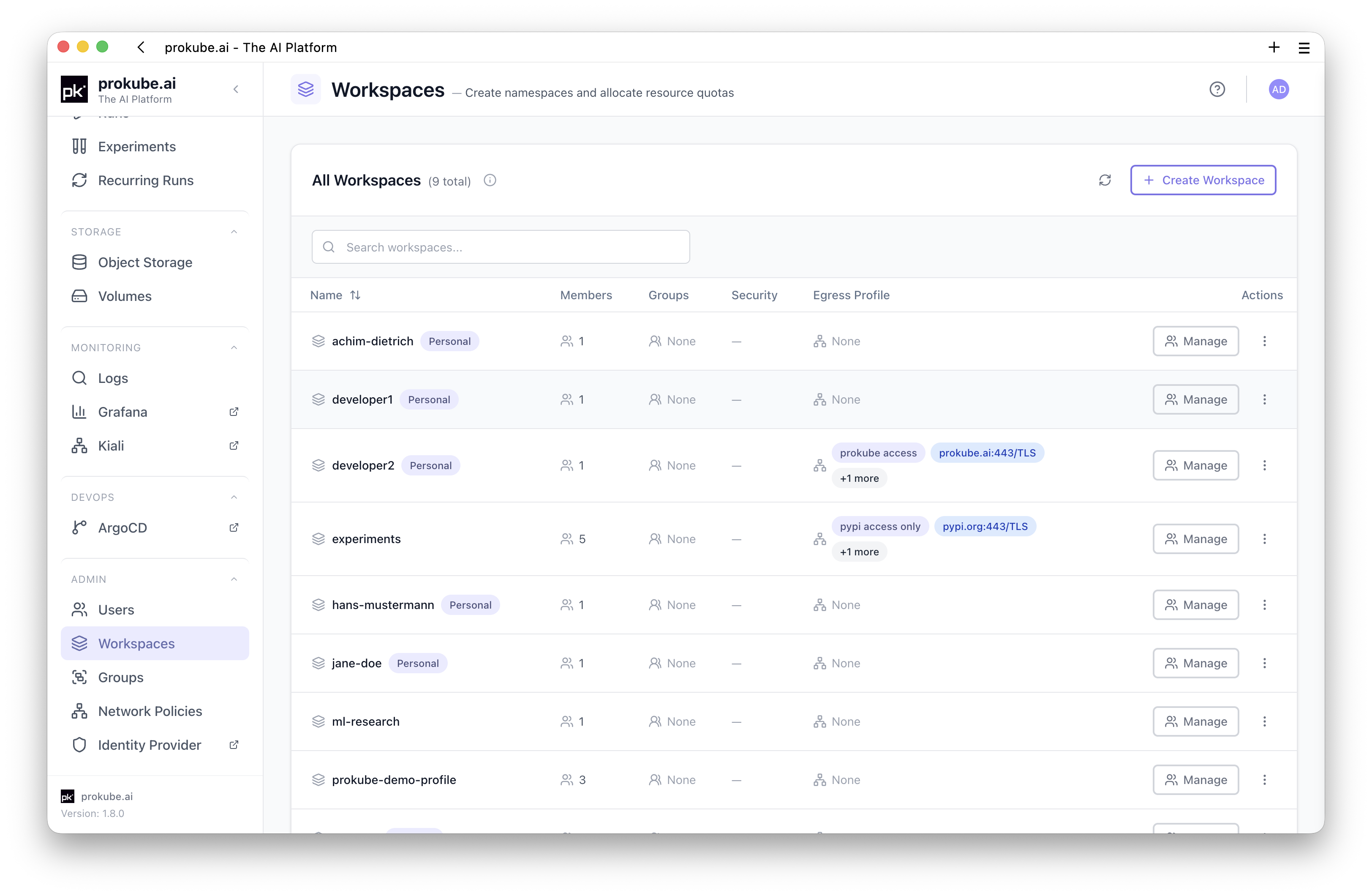 Workspaces page