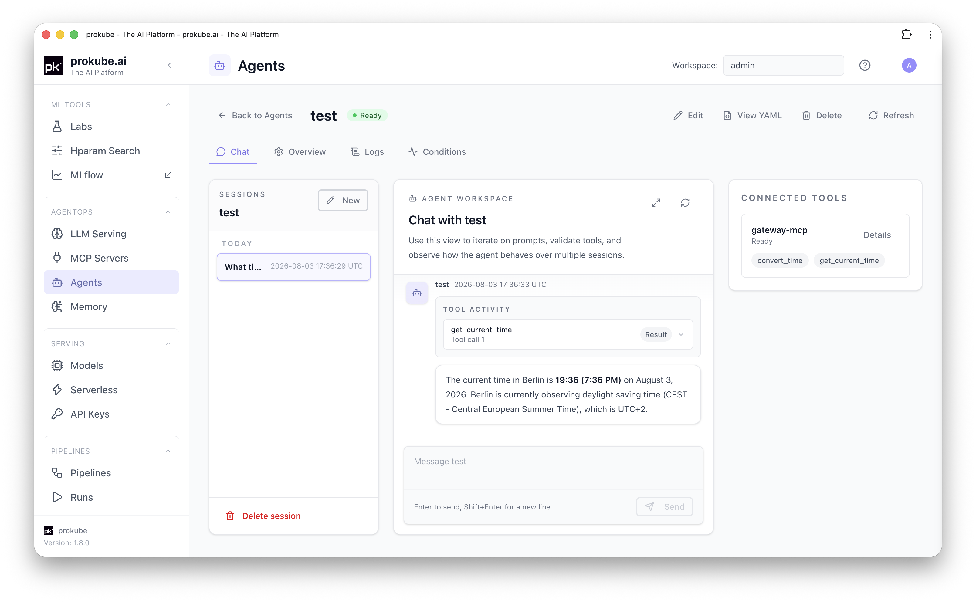 Agent chat showing connected tools and tool activity