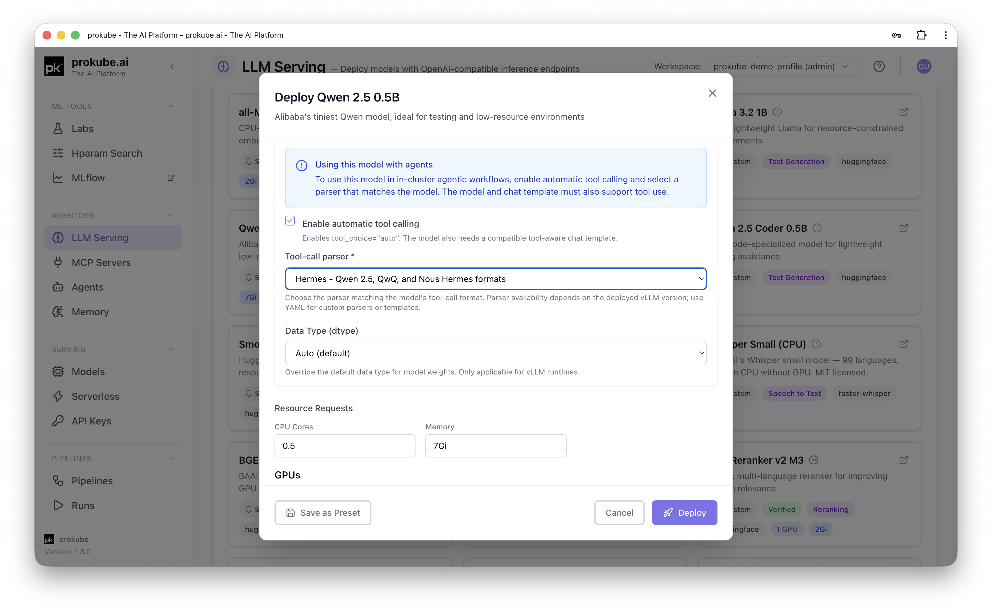LLM deployment form with automatic tool calling and parser selection