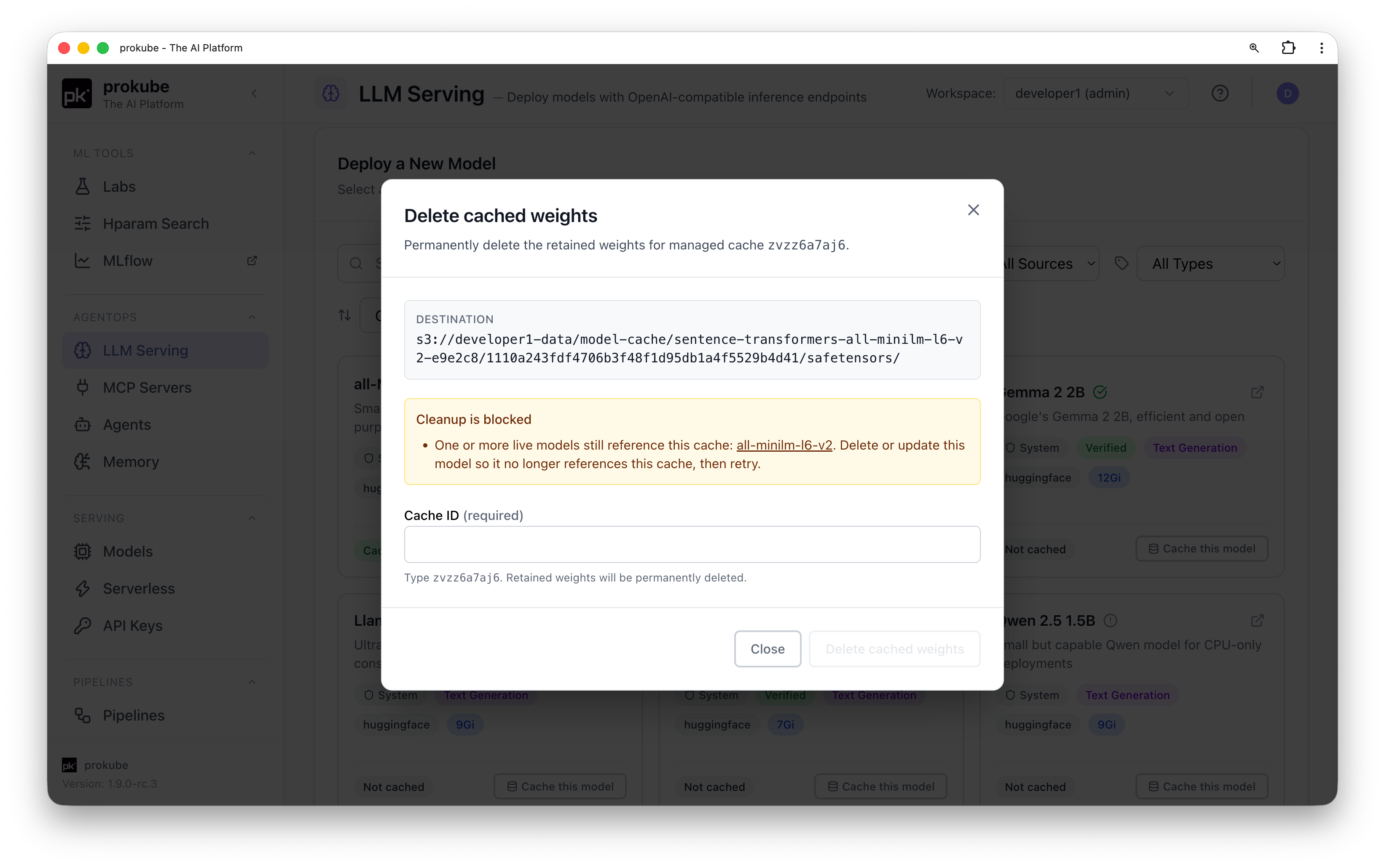 Delete cached weights dialog blocked because a deployed model still uses the cache