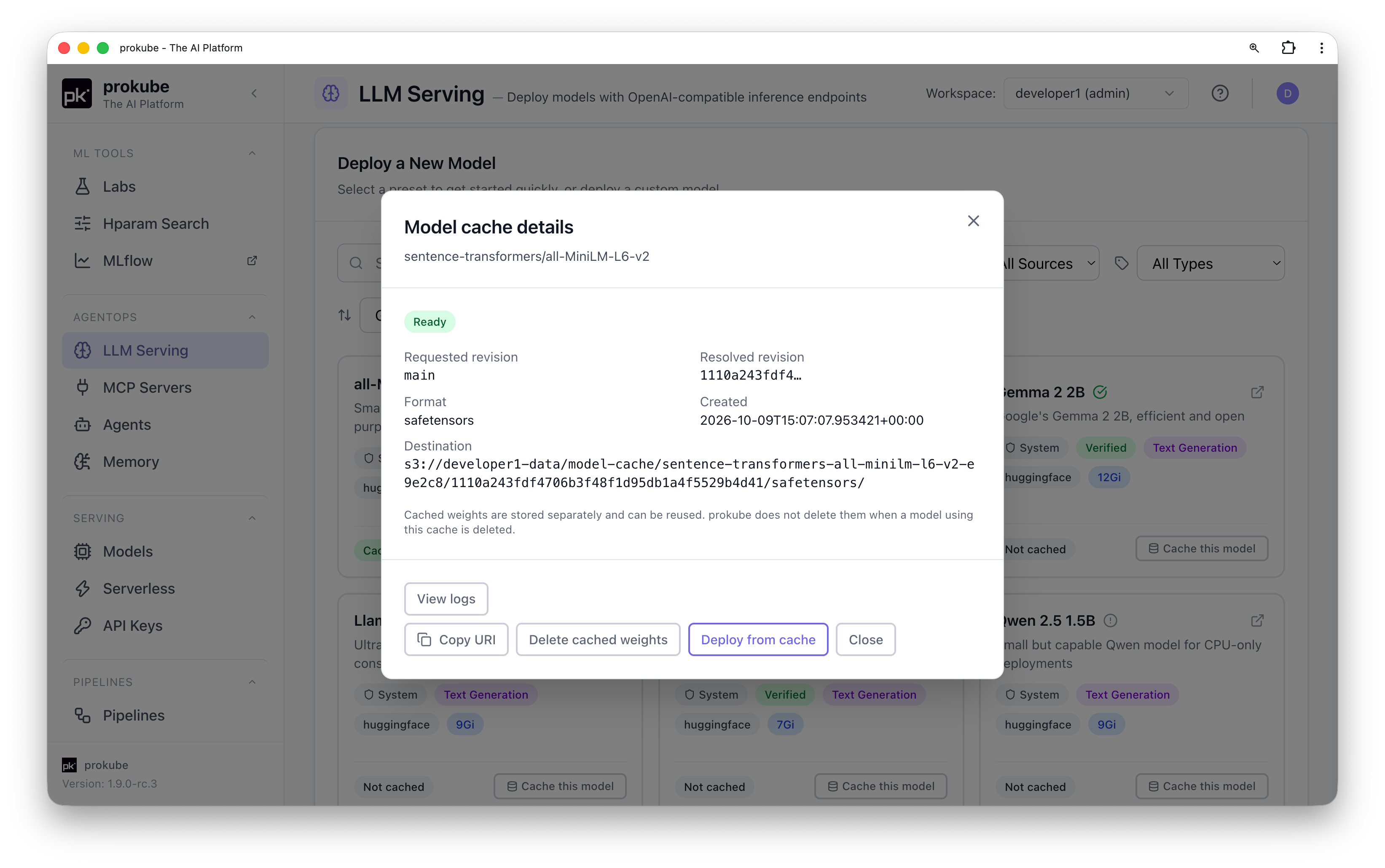 Model cache details for a ready S3 cache with Copy URI, Delete cached weights, and Deploy from cache actions