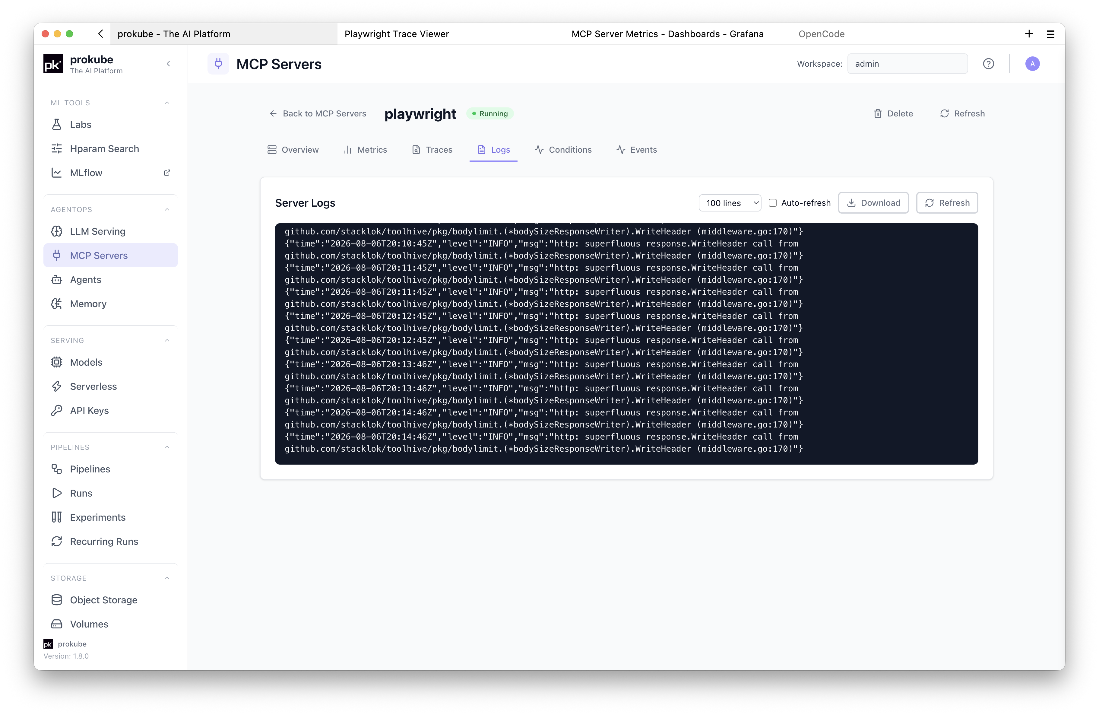 Logs tab on the MCP server details page