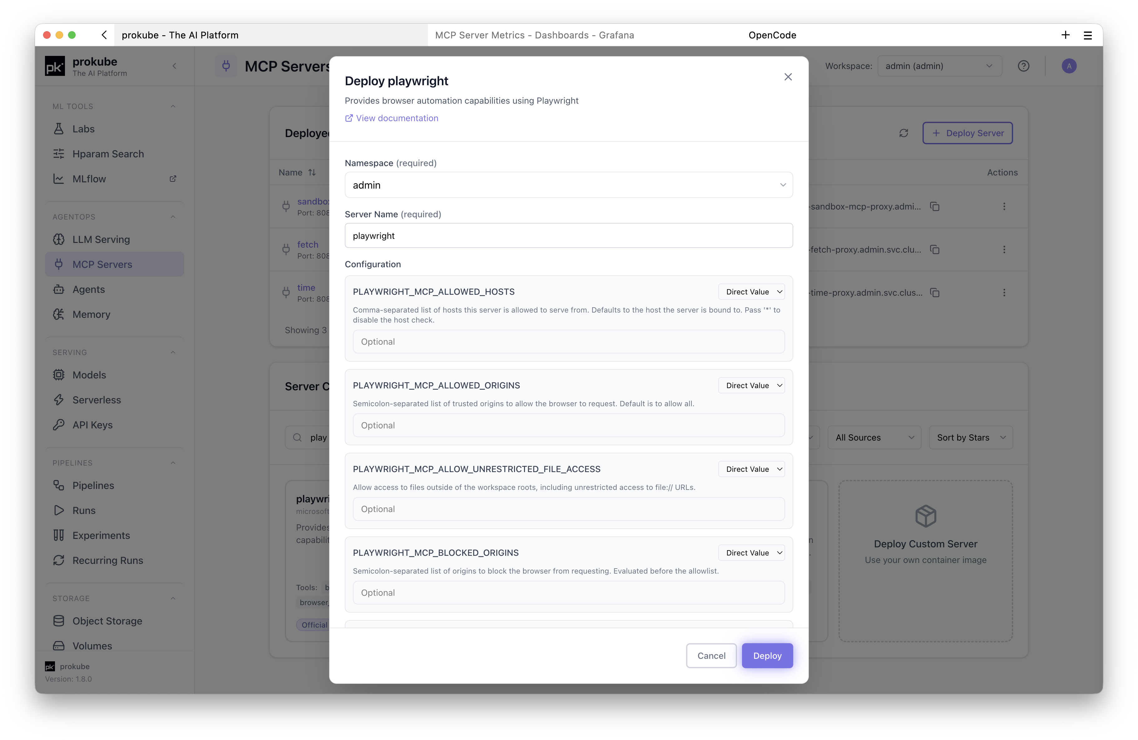 Deploy dialog for a catalog MCP server