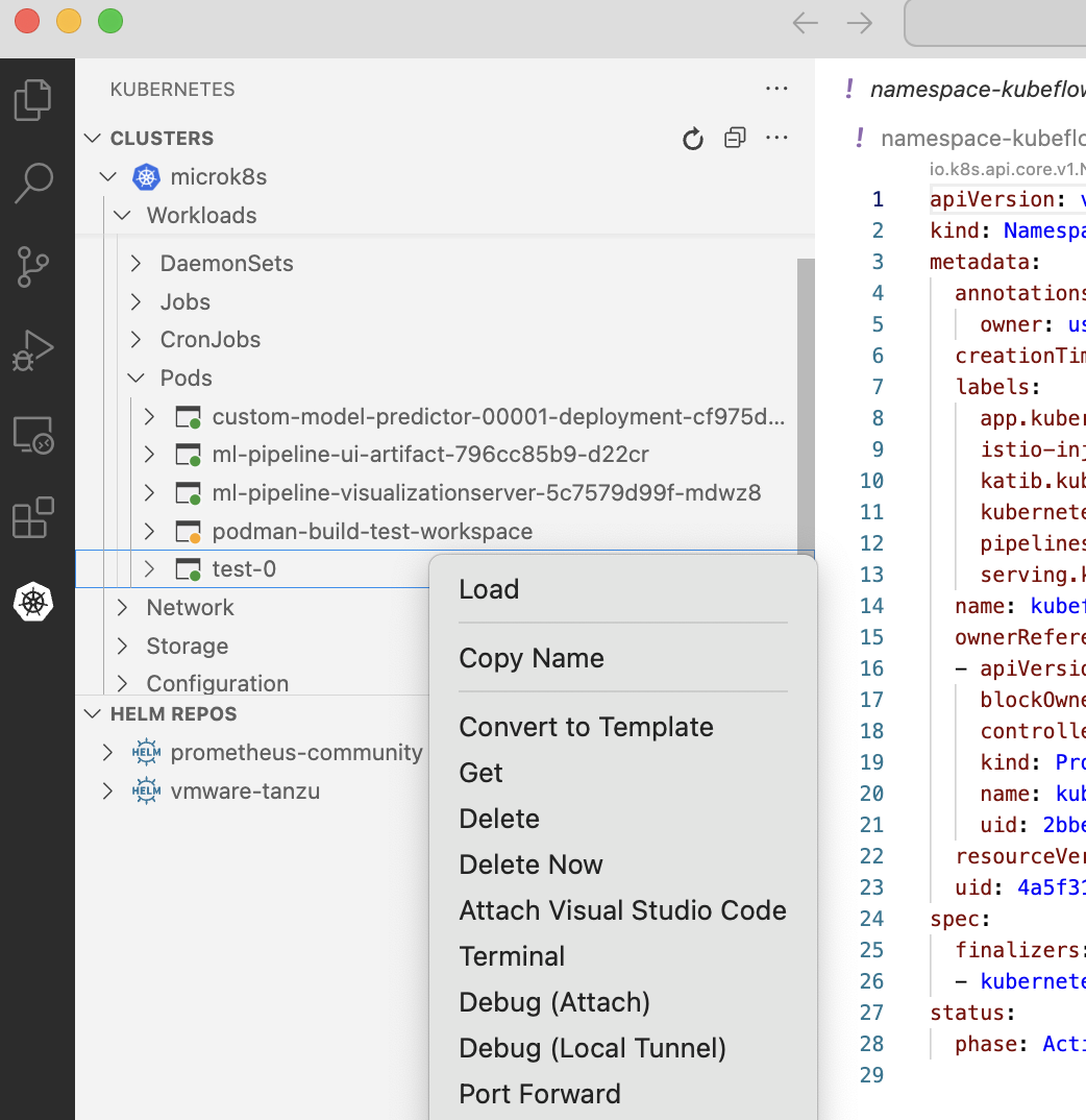 Attach local VS Code from the Kubernetes extension