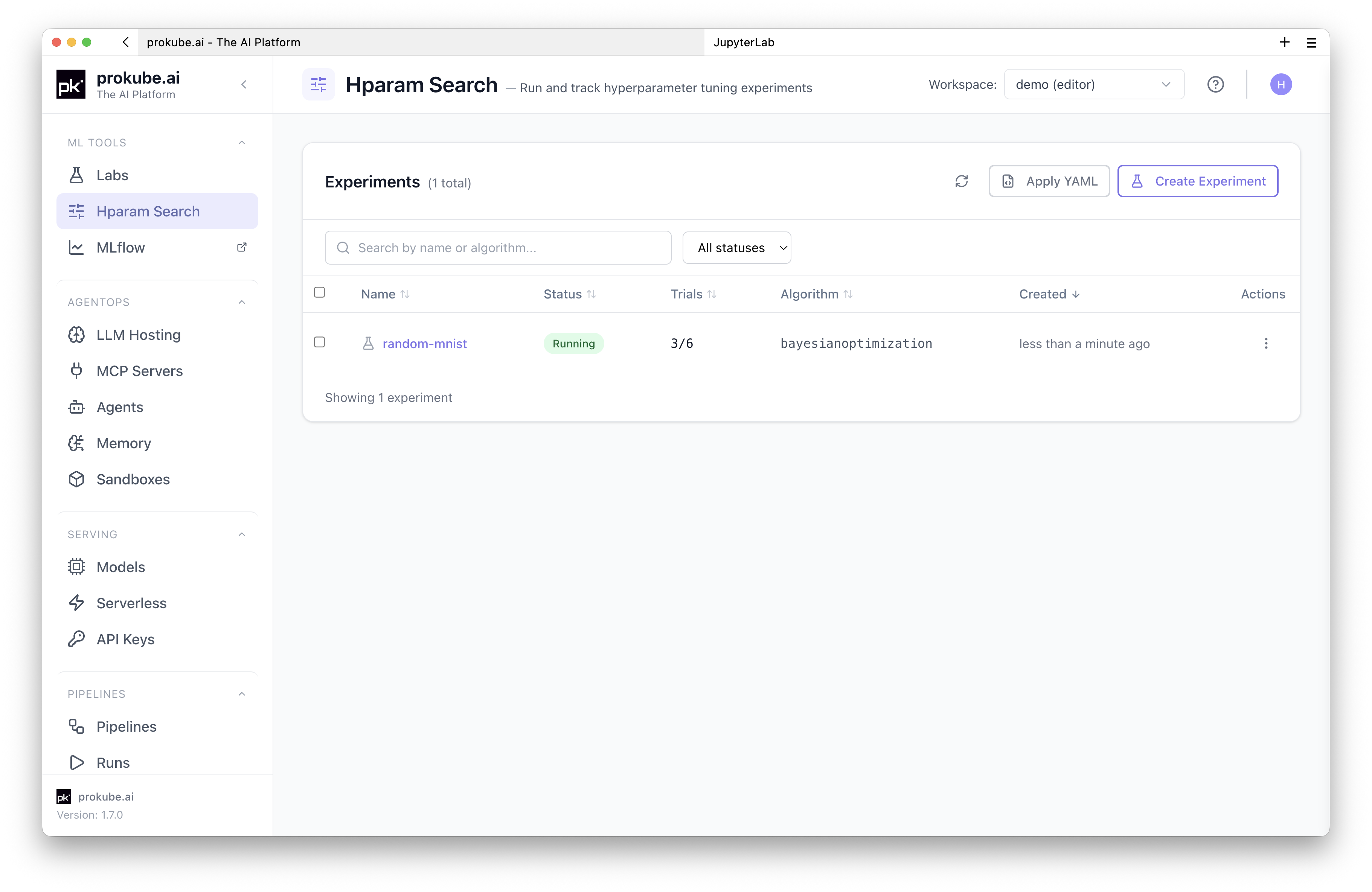 Running Hparam Search experiment in the experiment list