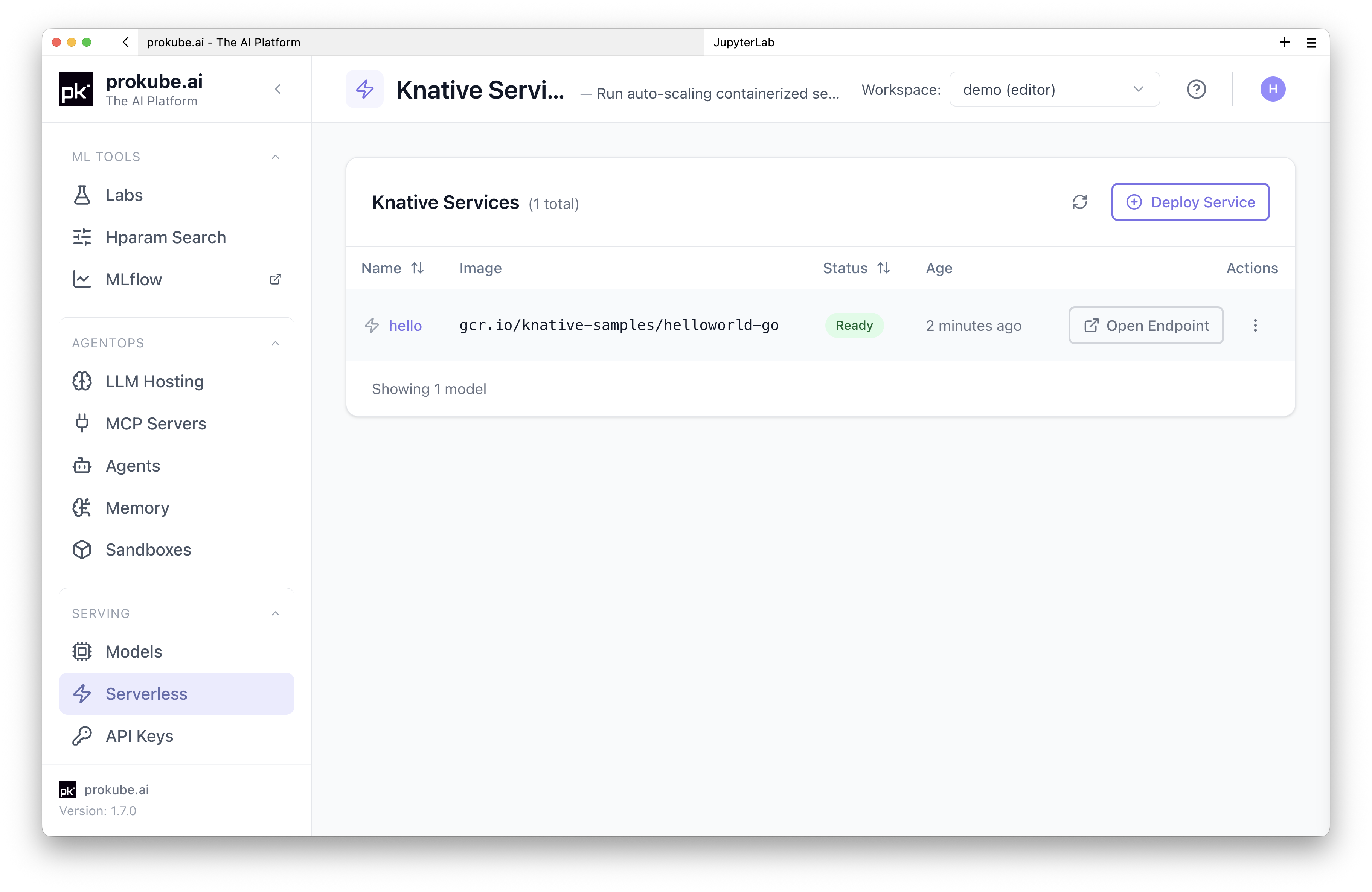 Knative Services list with hello service Ready