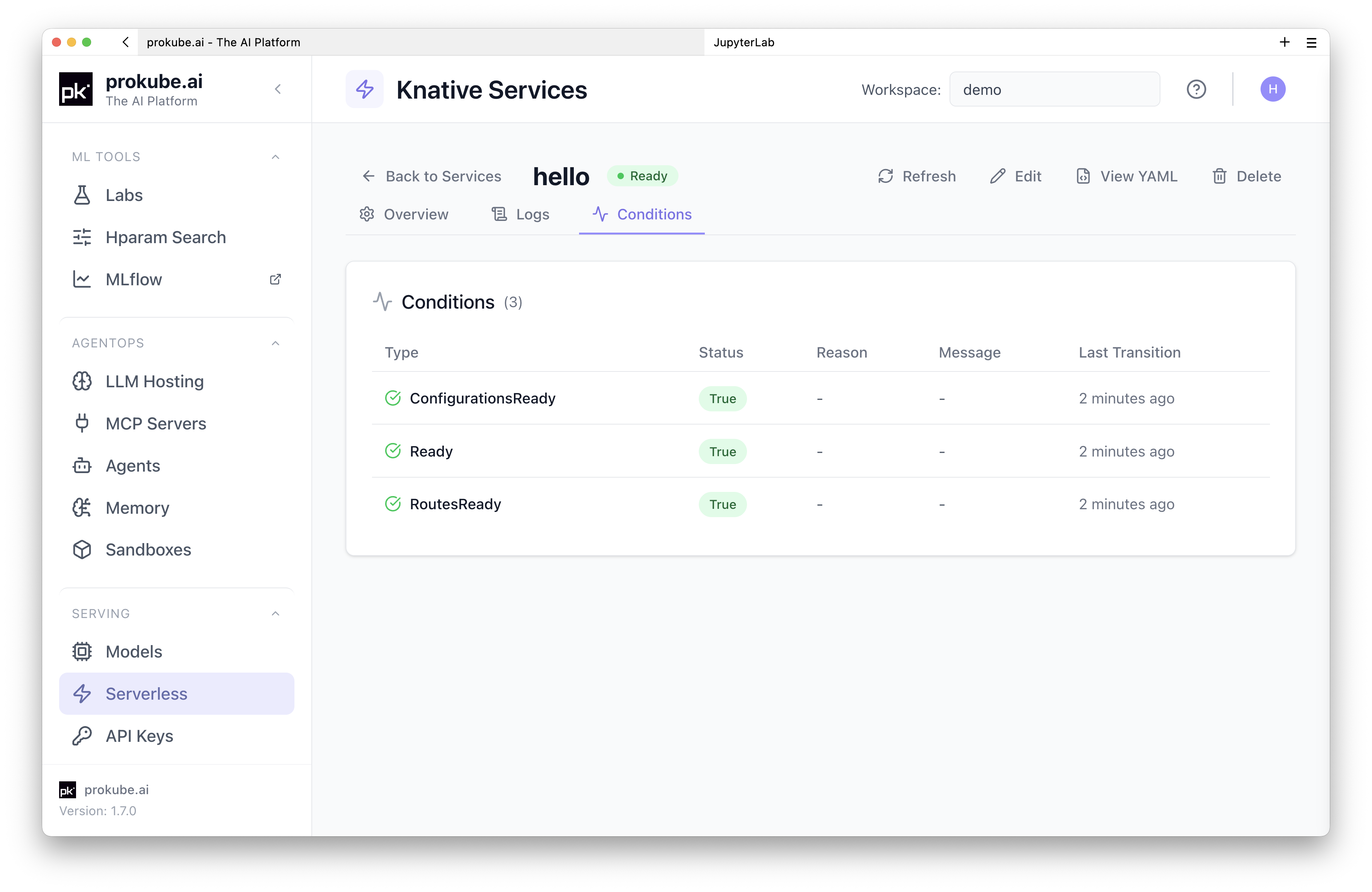 Knative Service conditions tab
