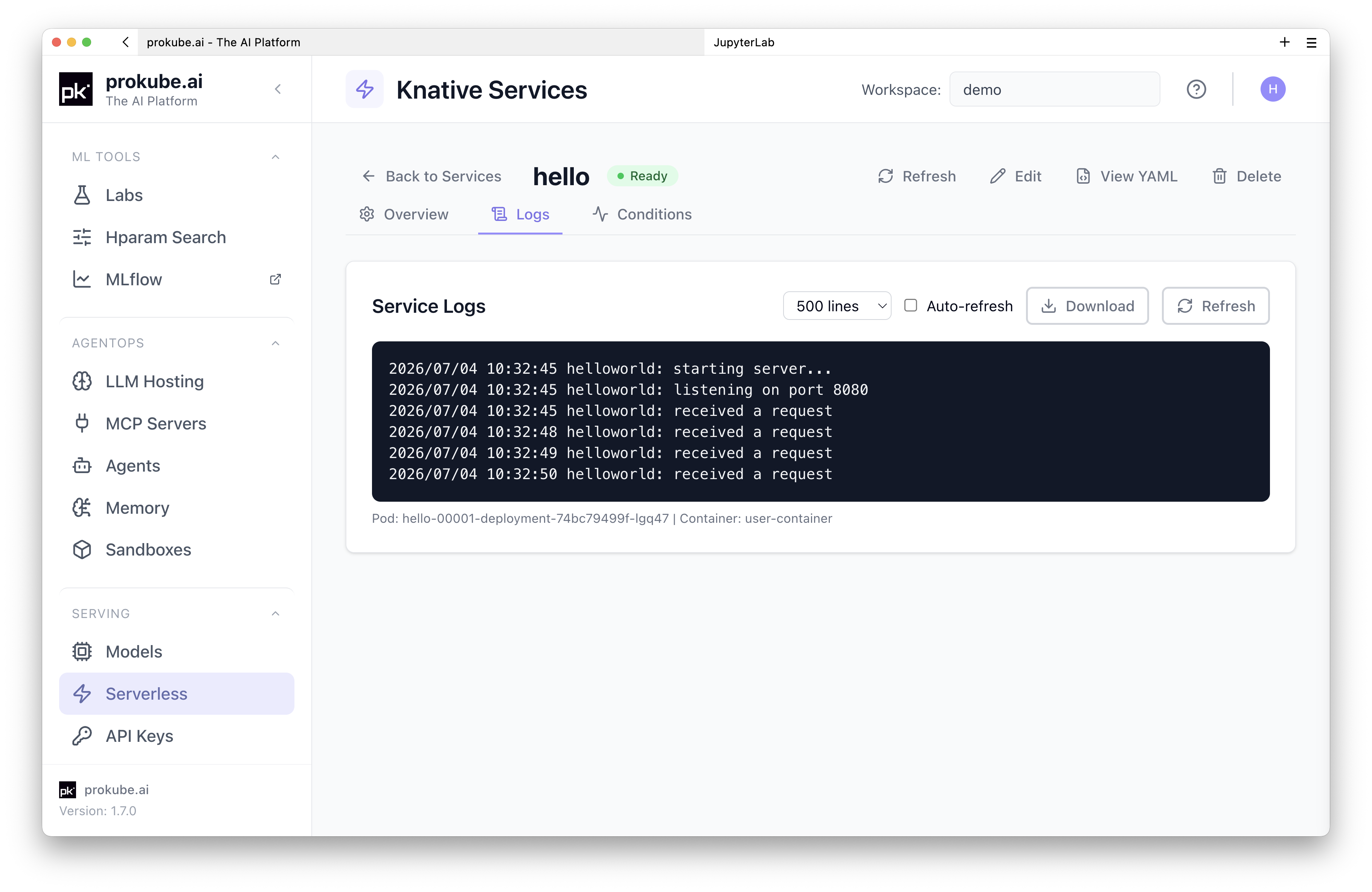 Knative Service logs tab