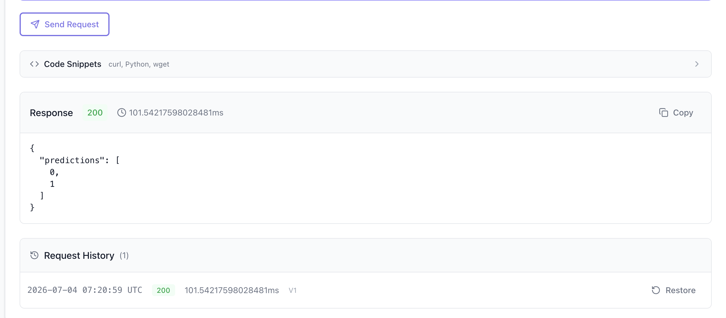 Test tab with prediction response