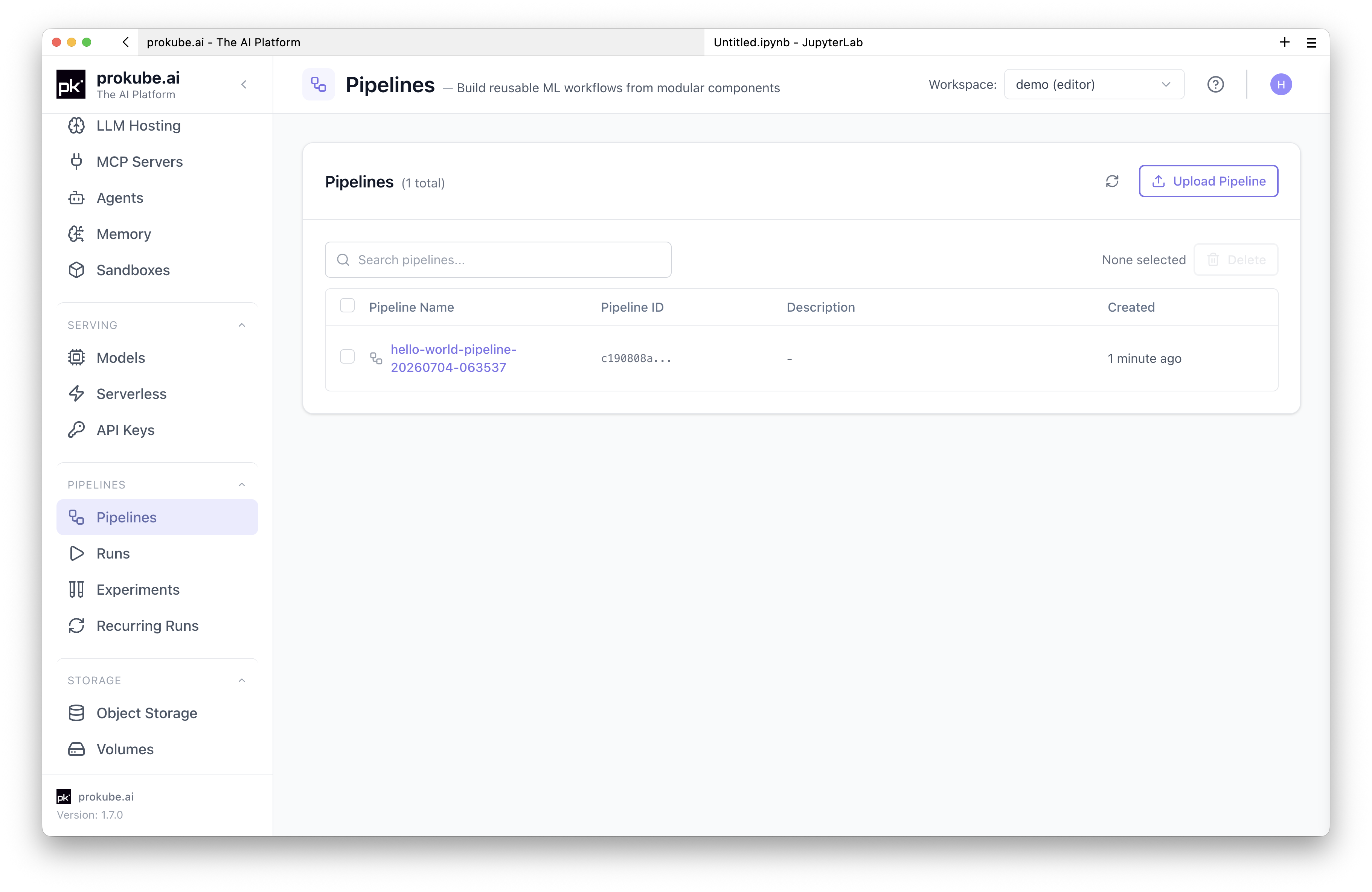 Hello World pipeline in the pipelines list