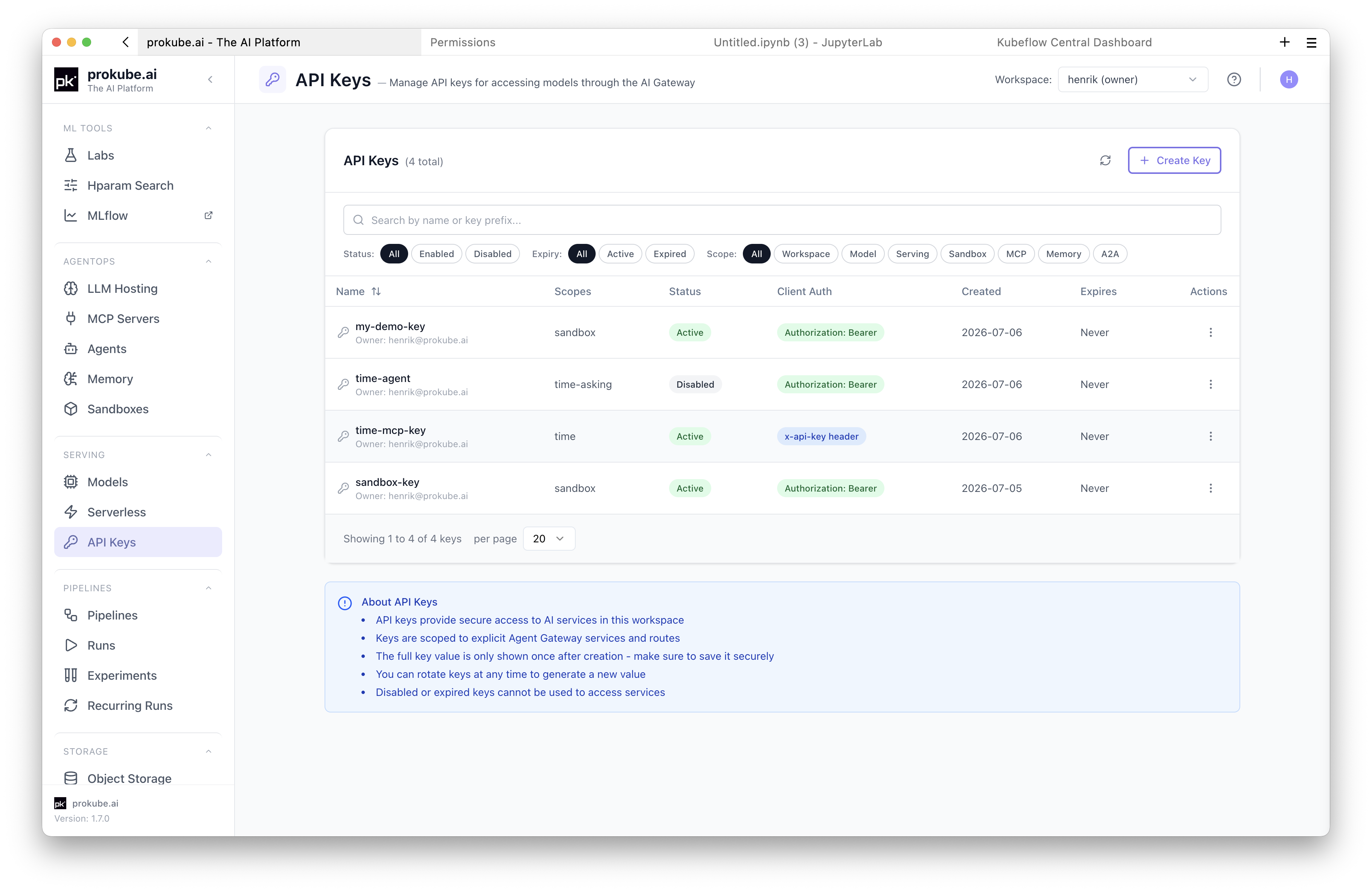 API Keys list with filters and key metadata