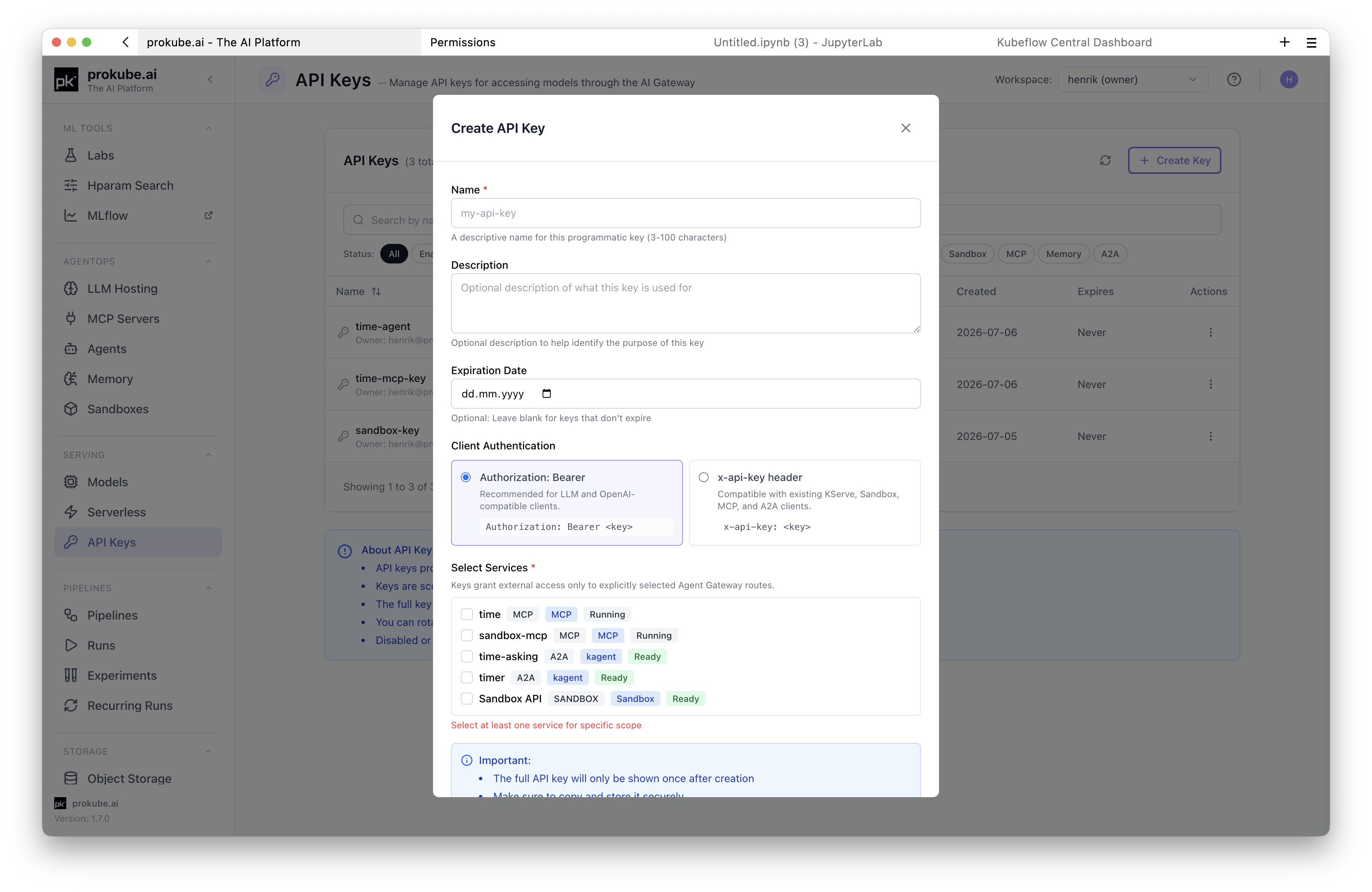 Create API Key dialog with client authentication and service selection